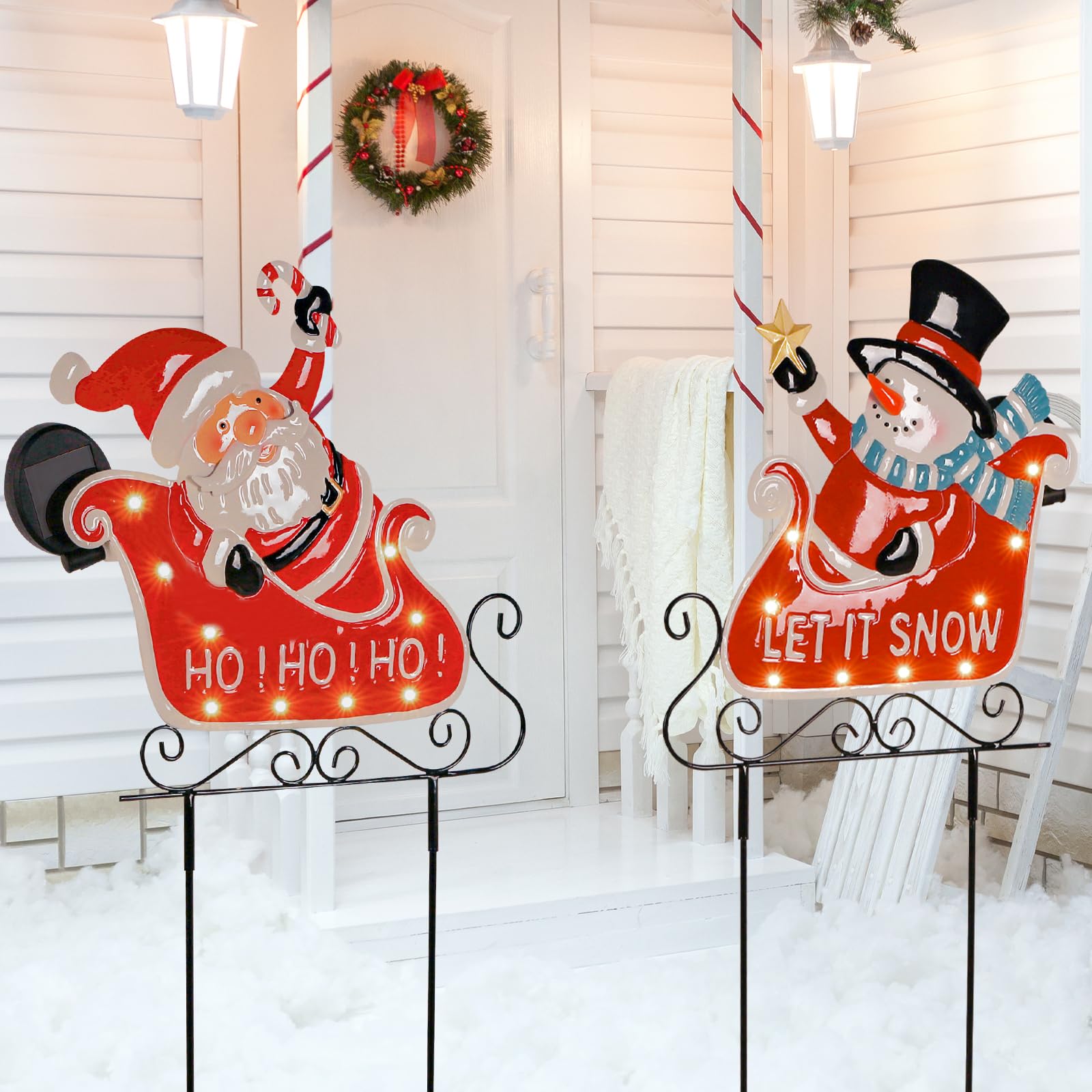 2 Pack Solar LED Christmas Yard Decorations - Santa Claus & Snowman Sleigh Metal Stakes for Outdoor Garden, Lawn, Pathway | Perfect for Holiday Displays, Winter Parties & Festive Home Decor