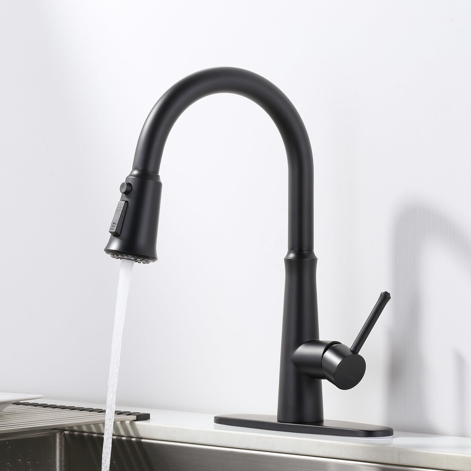 Matte Black Kitchen Faucet with Pull Down Sprayer - Stainless Steel High Arc Single Hole Faucet for Sinks, 1 or 3 Hole Installation, 360° Swivel Spout - Perfect for Modern Kitchens, RVs, and Small Spaces
