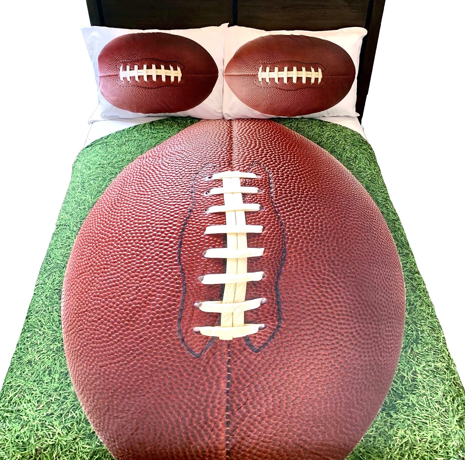 5-Piece Kids Football Themed Full Bed Set - Round Comforter, 2 Pillowcases, Sheet Set & Super Soft Microfiber Flannel Blanket | Perfect for Boys' Bedroom, Sports Theme Decor & Cozy Sleep