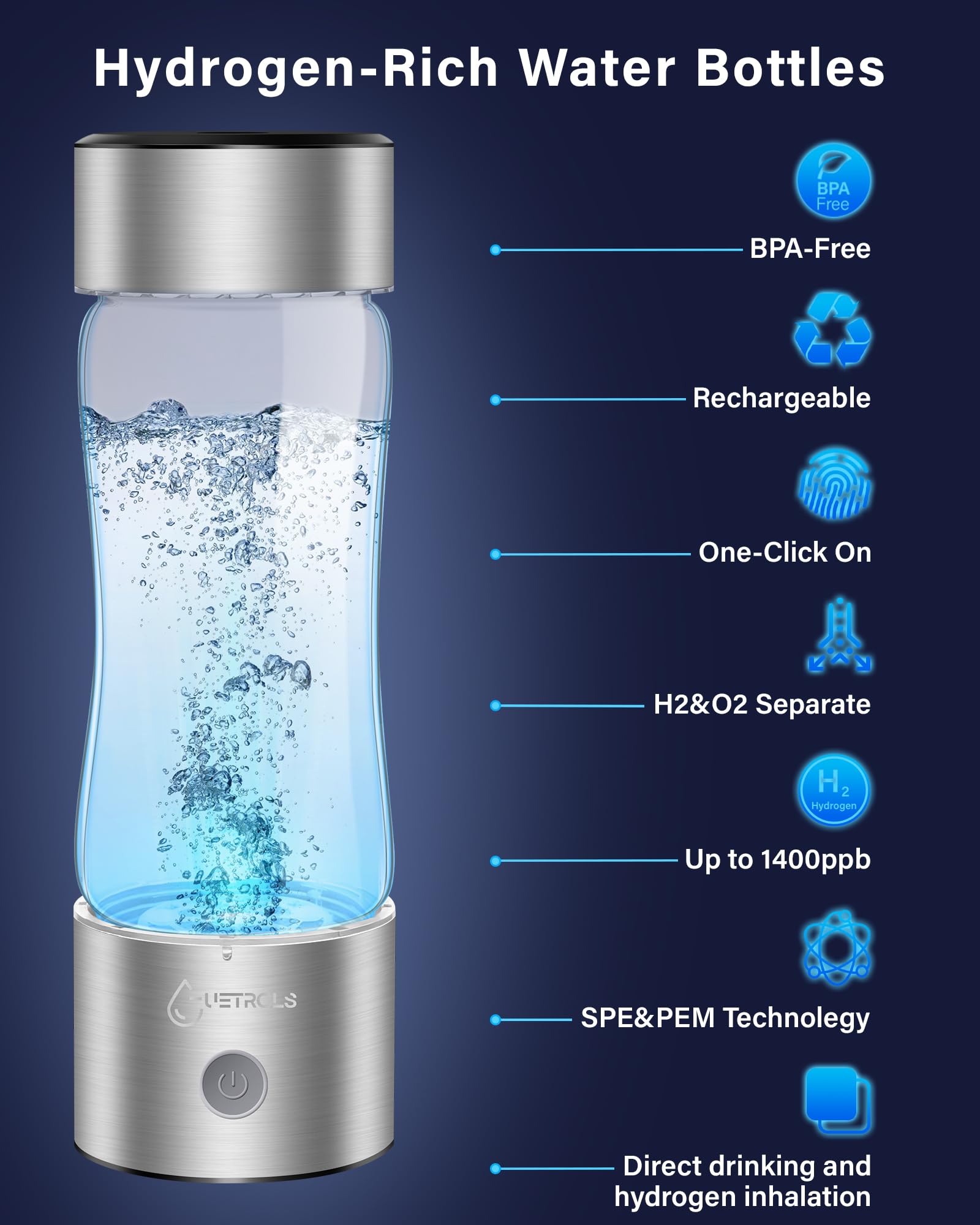 Premium Hydrogen Water Bottle 2024 - SPE PEM Technology Portable Hydrogen Water Generator & Ionizer | Fast 3-Minute Hydrogen Infusion for Healthier Drinking Water | Perfect for Home, Office, Travel & Daily Hydration (Silver) | Boost Energy & Detox with Hydrogen-Rich Water