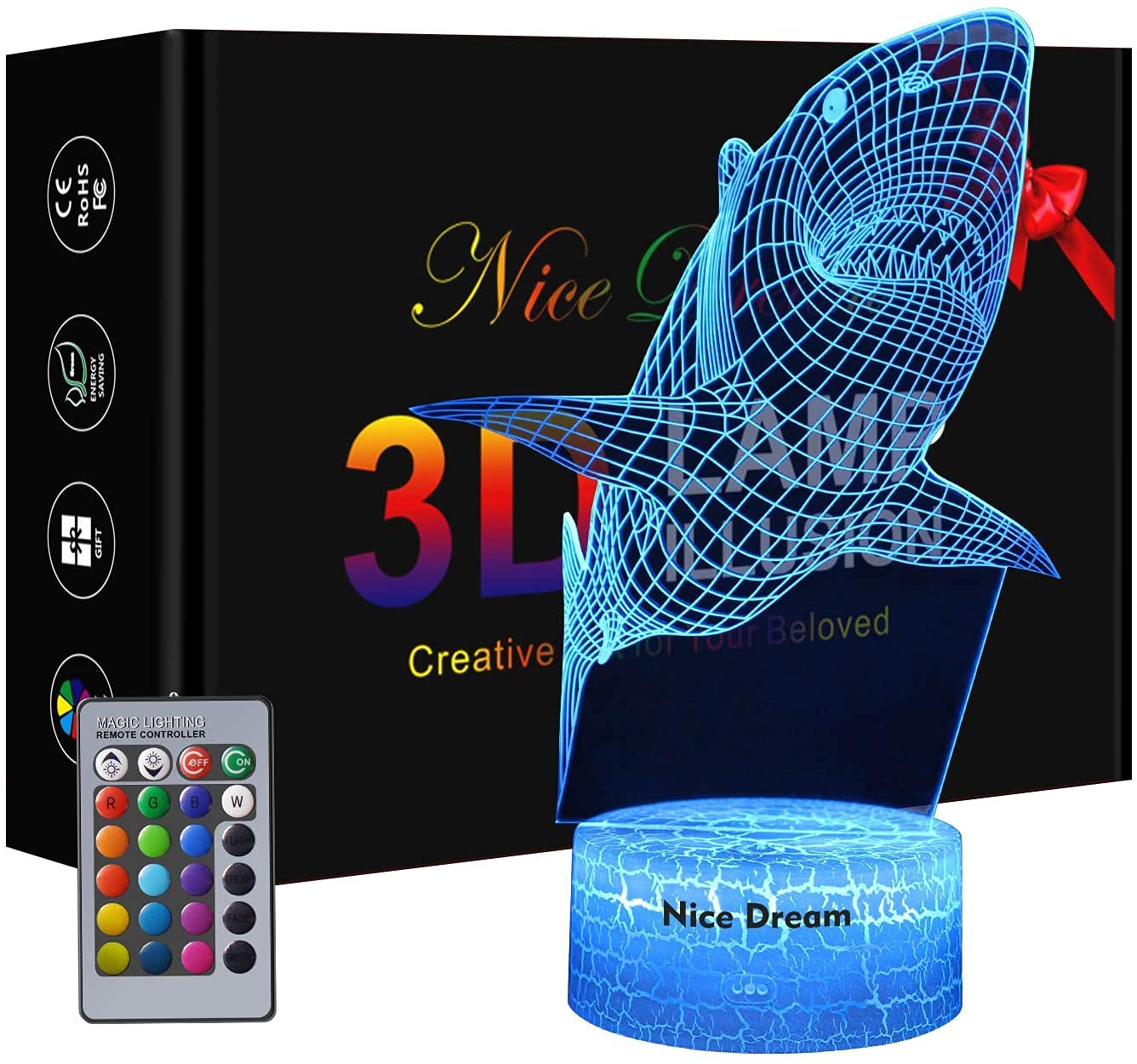 Shark 3D Night Light for Kids - 16 Color Changing LED Table Lamp with Remote Control | Perfect for Bedroom, Nursery, Kids Room Decor | Cool Shark Gift for Boys Age 3-7 | Fun Shark Toys & Night Light for Children