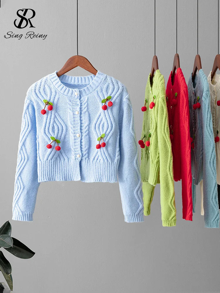 3D Cherry Print O-Neck Long Sleeve Pearl Button Knit Sweater for Women - Cozy Winter Pullover for Casual Wear & Office Outfits