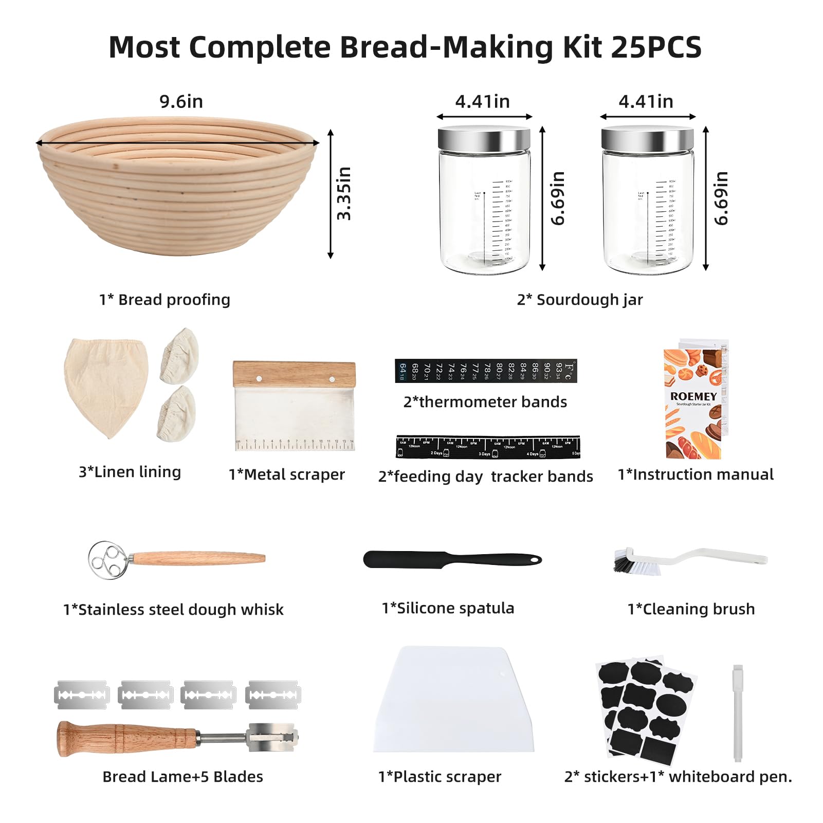 Roemey 2-Pack 1000ml Sourdough Starter Kit with 9-Inch Round Bread Proofing Basket - Perfect for Homemade Bread Baking, Fermentation & Artisan Sourdough Making | Ideal for Beginners & Professional Bakers