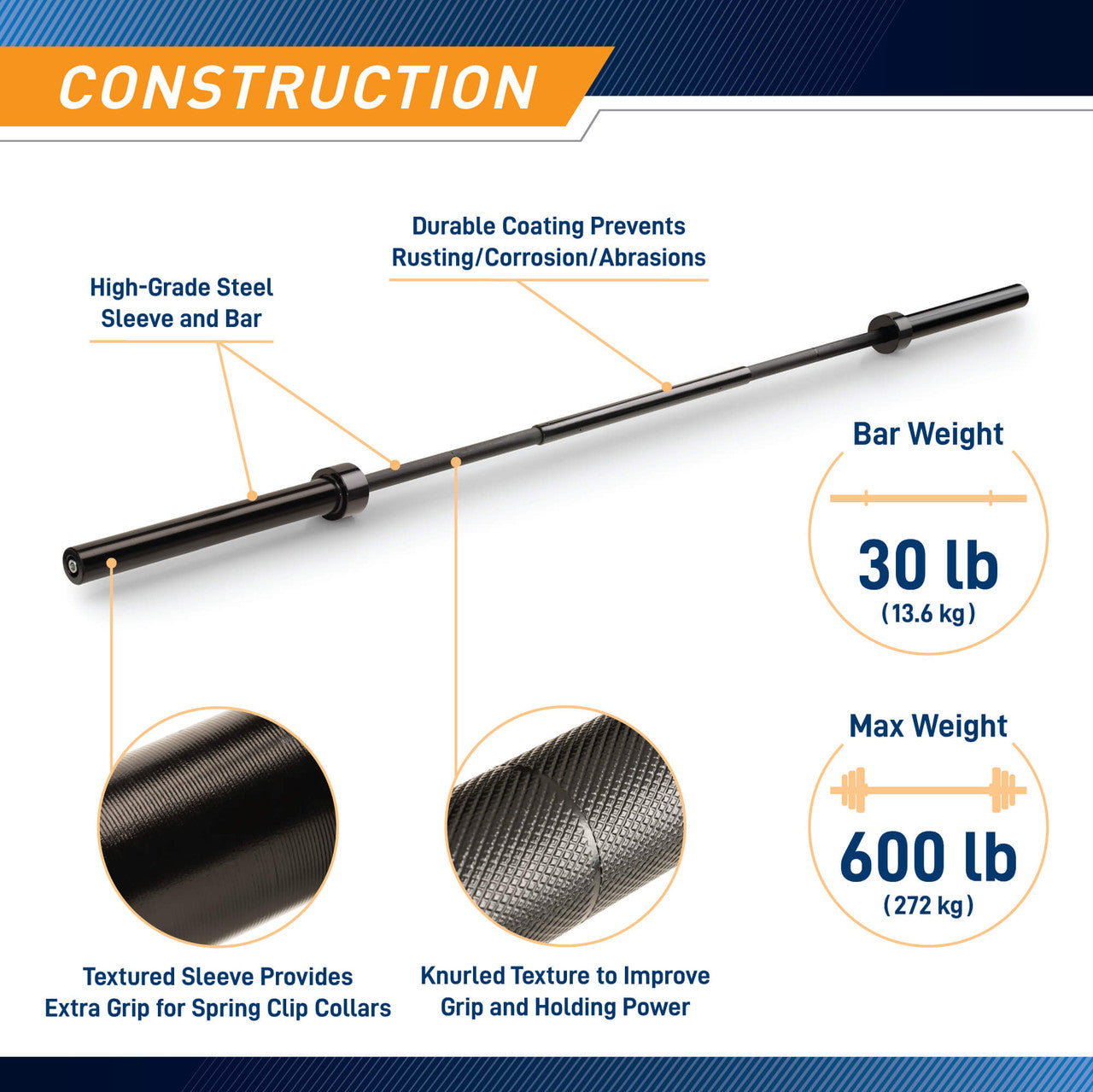 7ft Olympic Barbell 30lbs with 15.5 inch Loadable Sleeves - Marcy TRB 84 Weightlifting Bar for CrossFit, Powerlifting & Home Gym Training