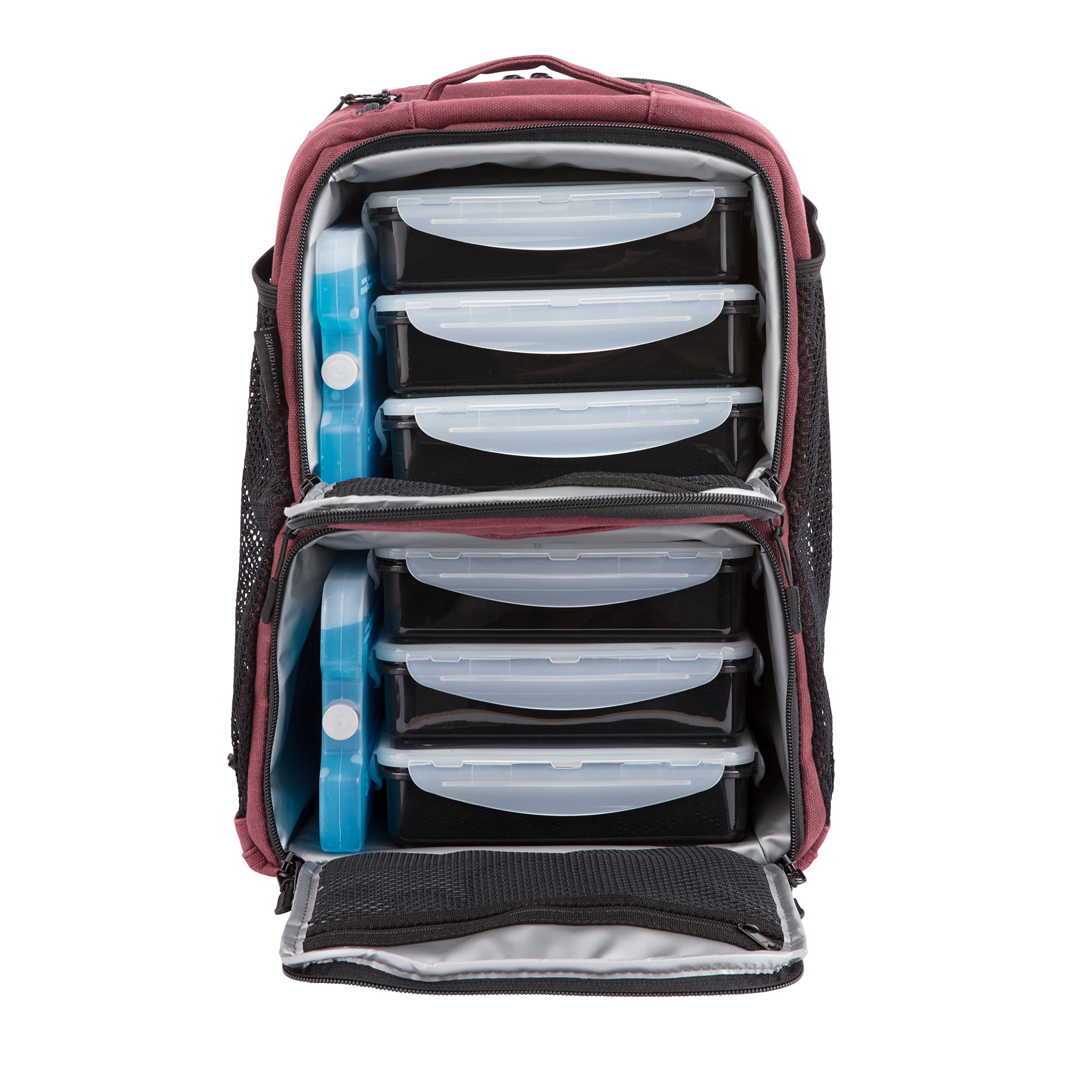 Portion Control Meal Prep Bag with Insulated Cooler & Ice Pack - 3 or 6 Meal Insulated Lunch Box System (Black Backpack or Maroon Waxed Canvas) - Perfect for Office, Gym, Camping & Outdoor Activities