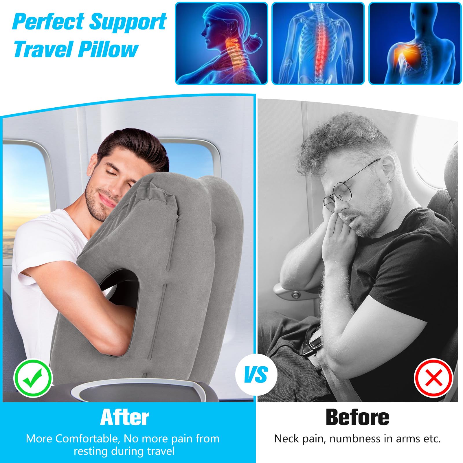 Inflatable Travel Neck Pillow for Airplanes - Comfortable & Portable Airplane Pillow for Long Flights - Supportive Blow Up Flight Pillow to Prevent Neck Pain - Perfect for Business Travel, Road Trips & Camping