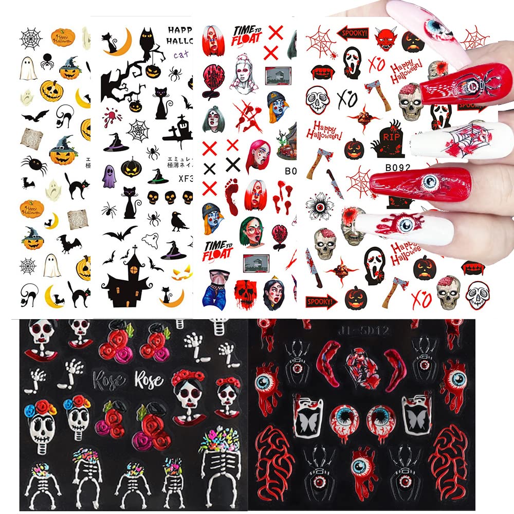5D Halloween Nail Art Stickers Kit - 2 Sheets 3D & 4 Sheets 2D Nail Decals with Flame, Moon, Eyes, Snake Designs for Halloween Party Nails - Perfect for Costume Parties, Trick or Treating & Spooky Nail Art