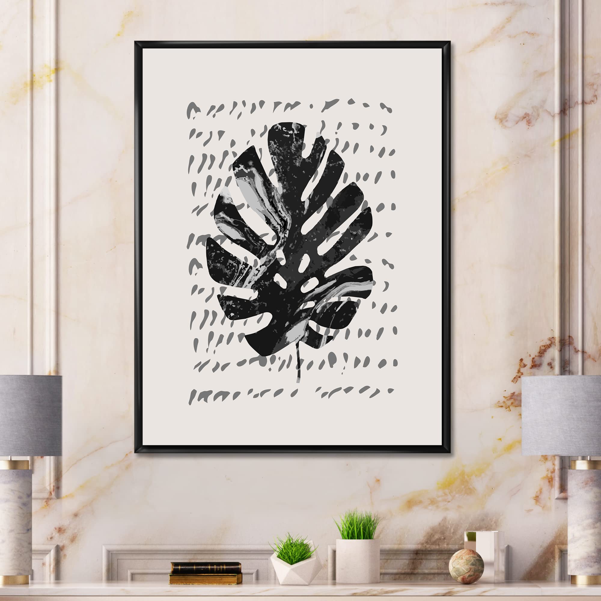 Minimal Tropical Palm Leaf on Grunge Texture Framed Canvas Wall Art Print - Modern Home Decor for Living Room, Bedroom & Office