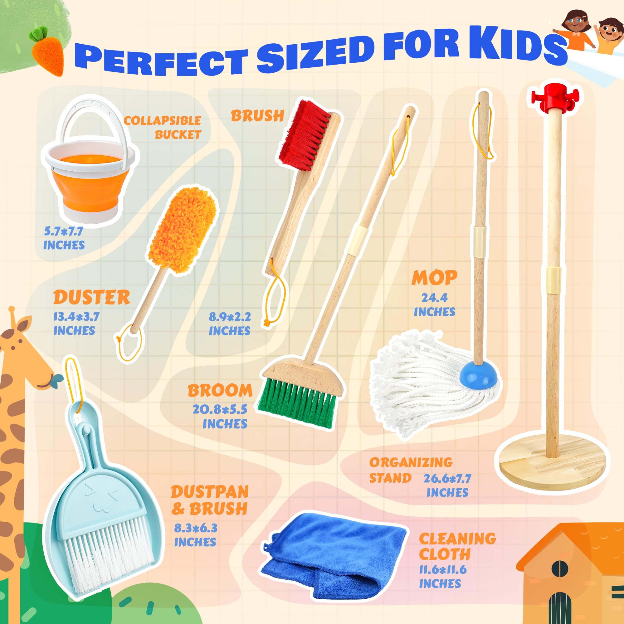 9-Piece Wooden Kids Cleaning Toy Set with Broom, Mop, Bucket & Cloth - Montessori Learning Toys for Toddlers - Pretend Play Housekeeping Set for Indoor Chores & Role Play Activities