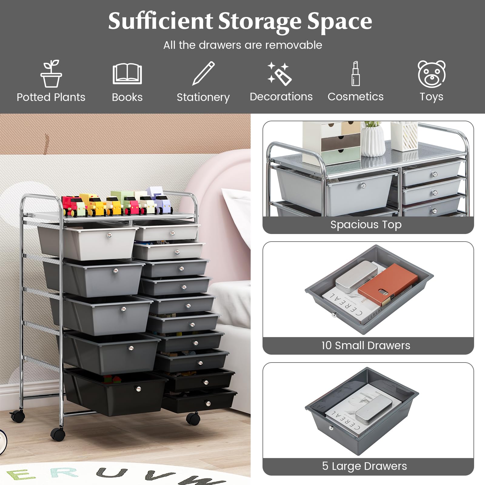 Byroce 15-Drawer Rolling Storage Cart with Wheels - Mobile Organizer for Art Supplies, School Tools, Office Paper & Craft Materials - Multipurpose Classroom & Home Office Storage Solution (Grey) - Perfect for Teachers, Artists & DIY Enthusiasts