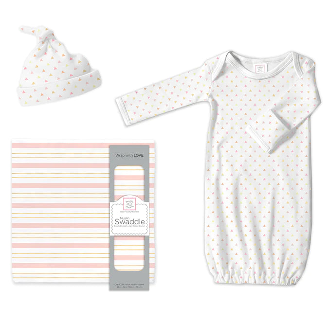 Premium Muslin Swaddle & Pajama Gift Set for Babies - Soft Tiny Triangles Pink Stripes Design (BGB 0048) | Perfect for Newborn Sleep, Swaddling & Photo Shoots