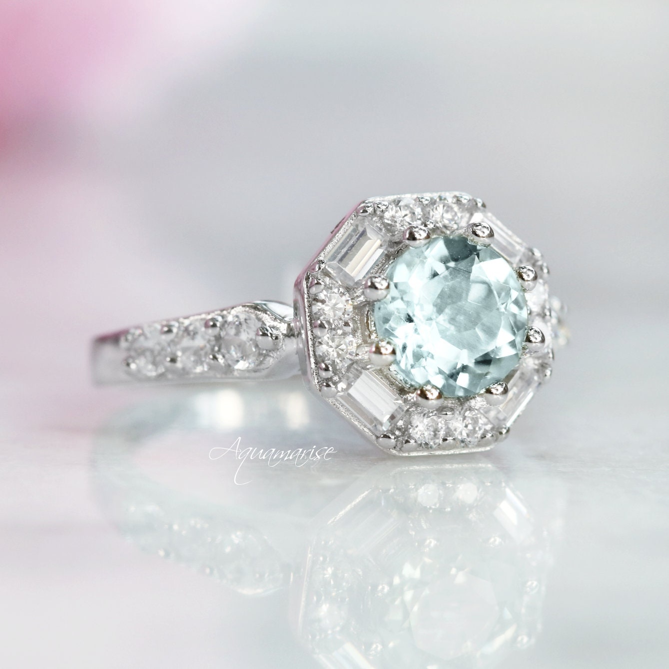 Hexagon Aquamarine Ring for Women - Sterling Silver 925 Jewelry, Elegant Birthstone Gift for March, Perfect for Engagement, Anniversary & Everyday Wear