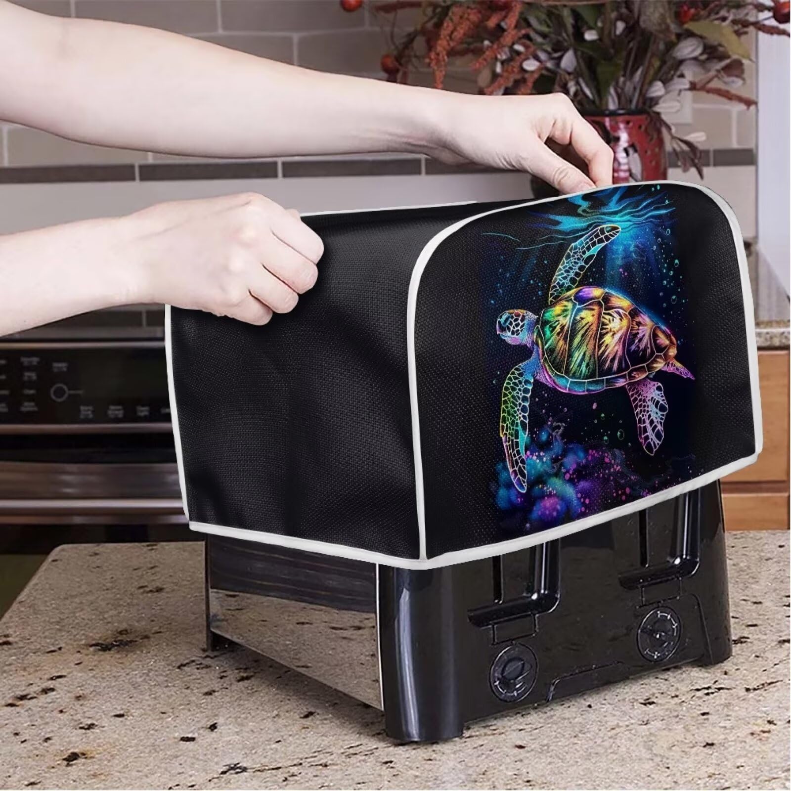 Neon Sea Turtle Toaster Cover - 2 Slice Small Appliance Dust Protector | Machine Washable Kitchen Toaster Cover | Fingerprint Protection | Perfect for Beach House, Coastal Kitchen & Tropical Themed Decor