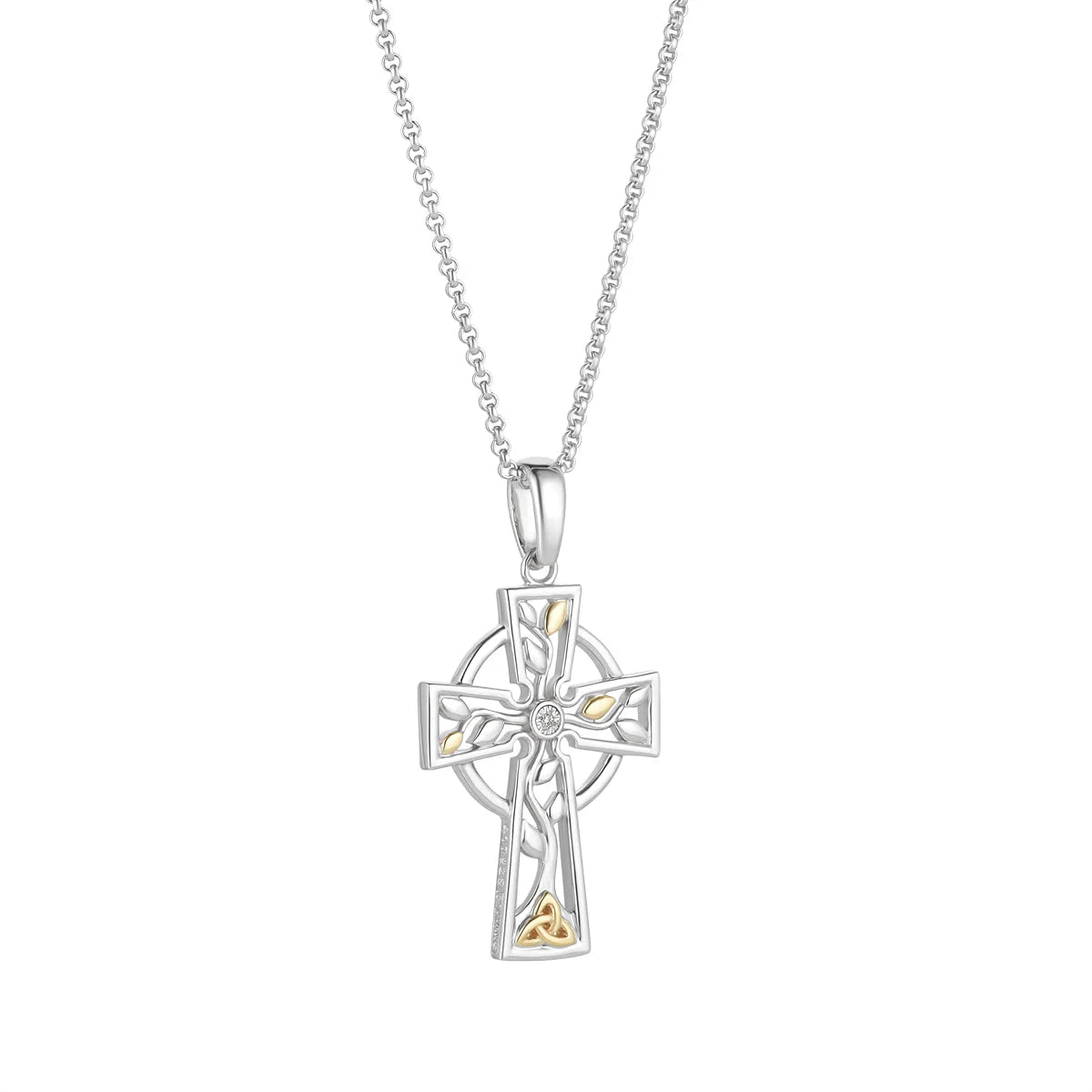 Gold and Silver Diamond Tree of Life Celtic Cross Pendant Necklace – Elegant Religious Jewelry for Women, Perfect for Gifts, Weddings & Special Occasions