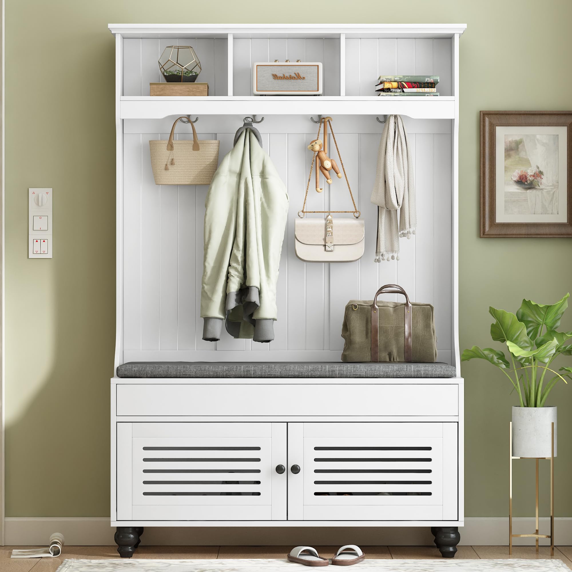 P PURLOVE Hall Tree with Bench & Shoe Storage - Entryway Organizer with 4 Hooks, Open Shelf & Shutter Doors - Coat Rack & Mudroom Furniture for Hallway, Foyer & Home Entry (Perfect for Small Spaces & Apartment Living)