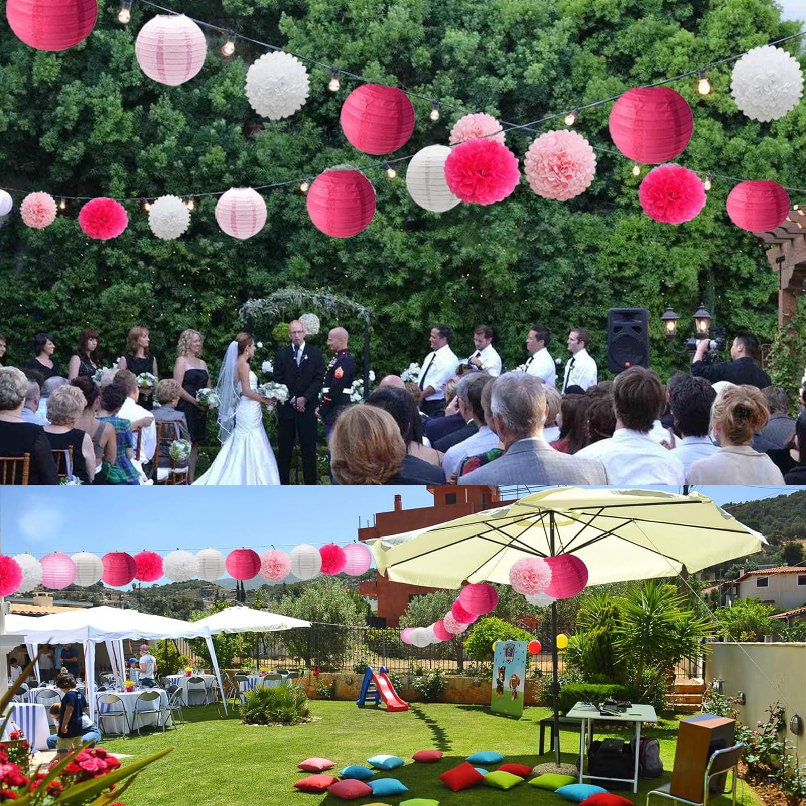 Pink Paper Lanterns & Tissue Pom Poms - 18pcs Wedding Birthday Party Decorations Hanging Lanterns Flowers (Pink/White/Rose) - Perfect for Baby Showers, Bridal Showers, Garden Parties & Home Decor