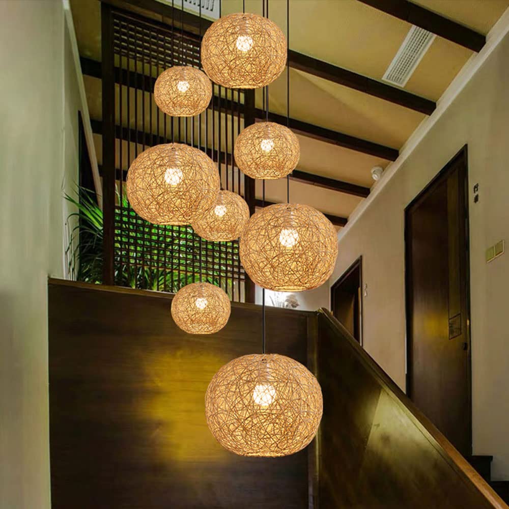 Handwoven Bamboo Pendant Light - Natural Rattan Chandelier for Farmhouse, Dining Room & Bedroom | Eco-Friendly Hanging Lamp for Home Decor, Kitchen Island Lighting, Patio & Living Room