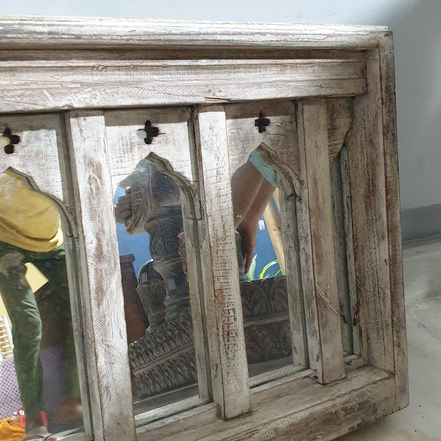 Hand Carved Antique Indian Solid Wood Mirror Frame - Natural Wooden Wall Decor - 27.5