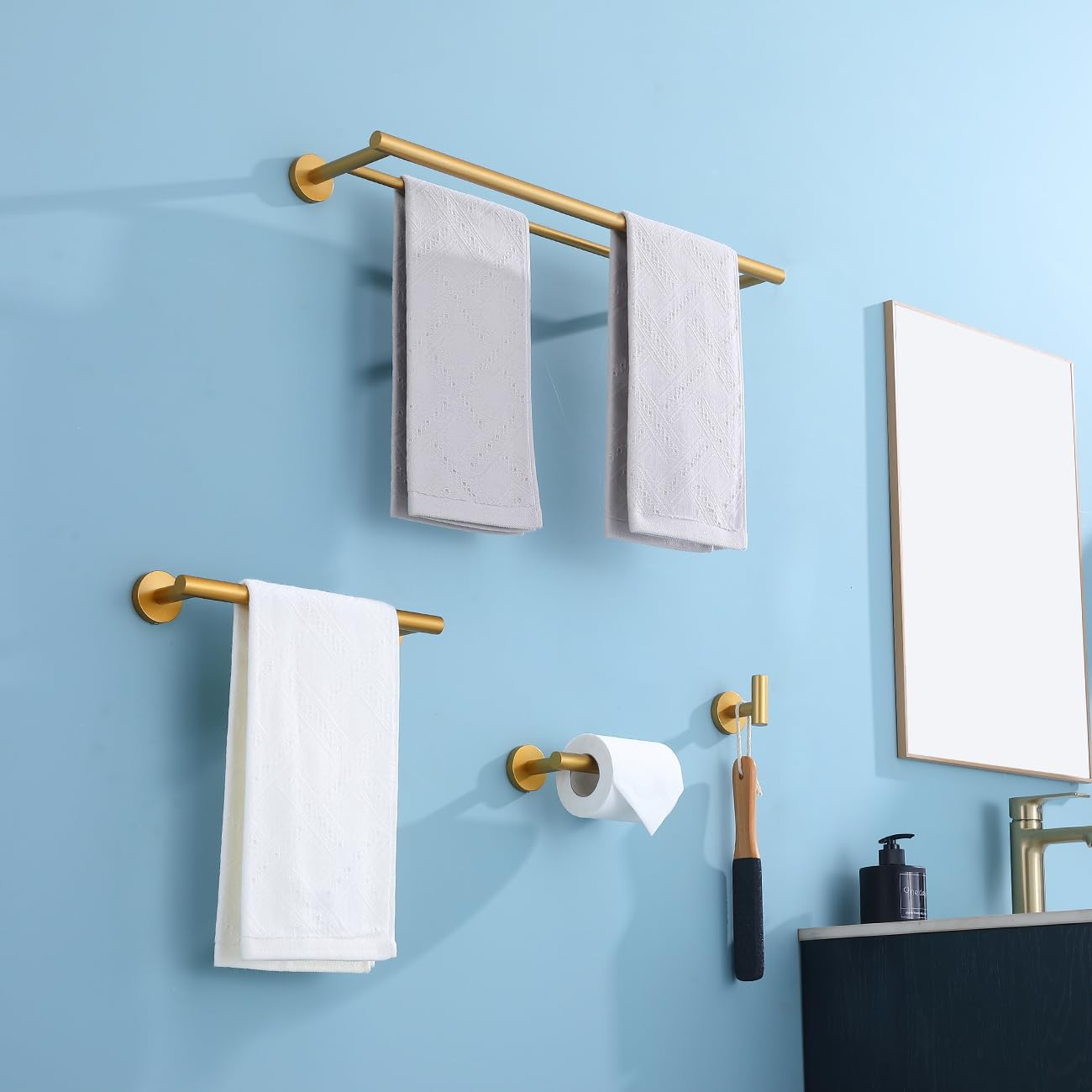 Premium 4-Piece Stainless Steel Bathroom Accessory Set in Gold - Wall Mounted Towel Bar, Hand Towel Rack, Toilet Paper Holder & Robe Hooks (BS100S4-BG) - Perfect for Modern Bathrooms, Guest Suites & Luxury Home Decor