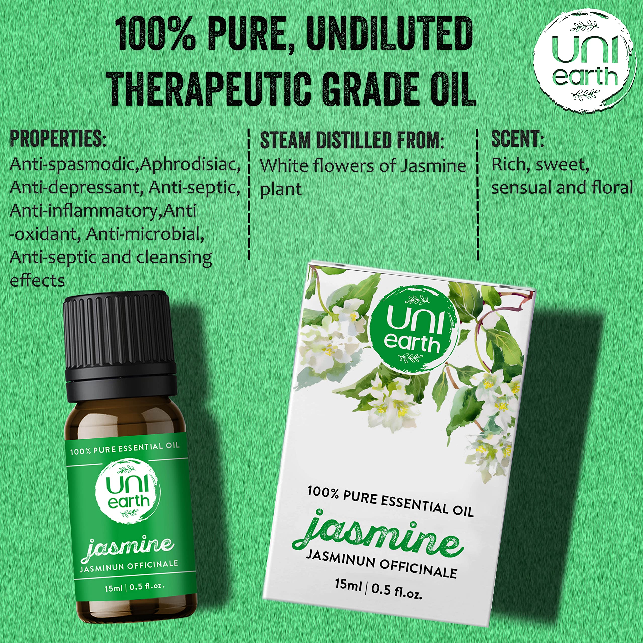 Uniearth 100% Pure Therapeutic Grade Jasmine Essential Oil - Undiluted for Skin & Hair Care, Sweet Floral Aroma for Aromatherapy, Promotes Healthy Scalp & Soft Skin, Mood Uplifting - 15mL (EO118) - Perfect for Massage, Diffuser & DIY Beauty Products