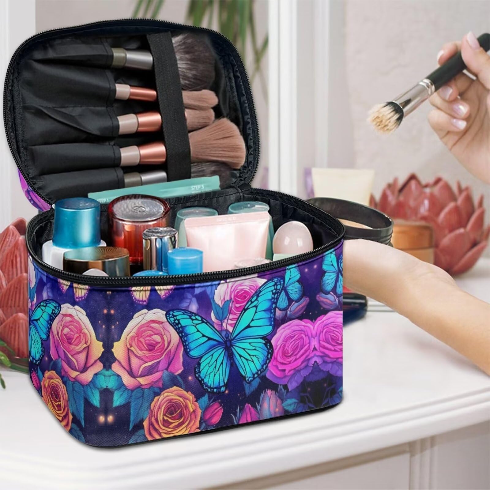 Flashideas Rose Butterfly Leopard Print Large Capacity Travel Toiletry Bag - Waterproof Cosmetic Organizer with Zipper for Makeup, Skincare & Travel Essentials - Perfect for Purse, Gym, Vacation & Business Trips