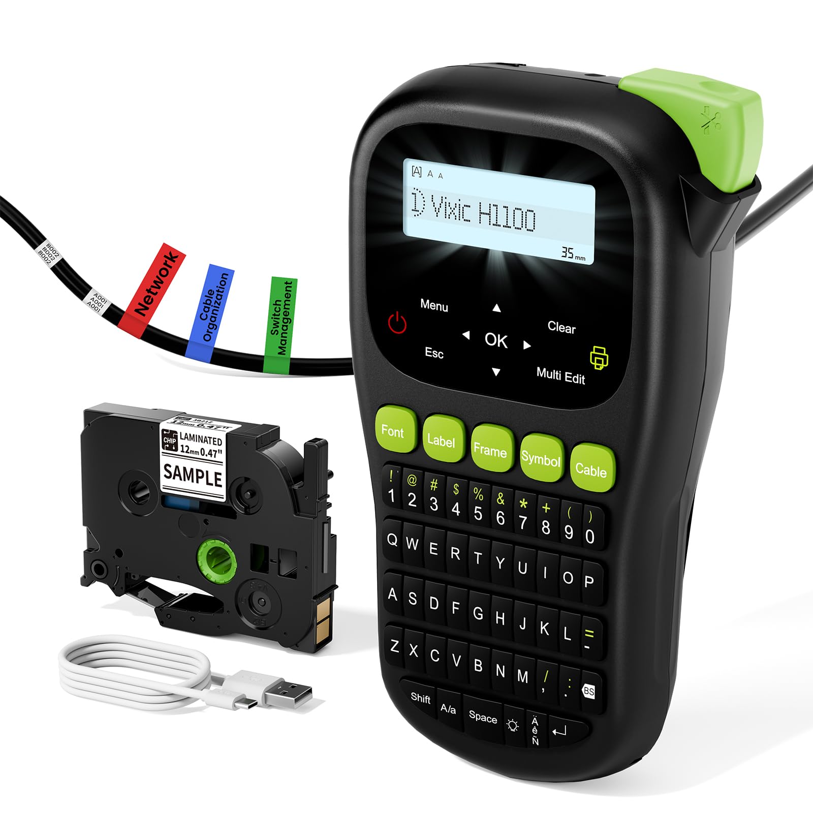 H1100 Portable Label Maker Machine with Backlit Screen & Keyboard - Waterproof Industrial Labeling Device for Cable, Wire, Network Organization - Perfect for Office, Warehouse, and Home Use