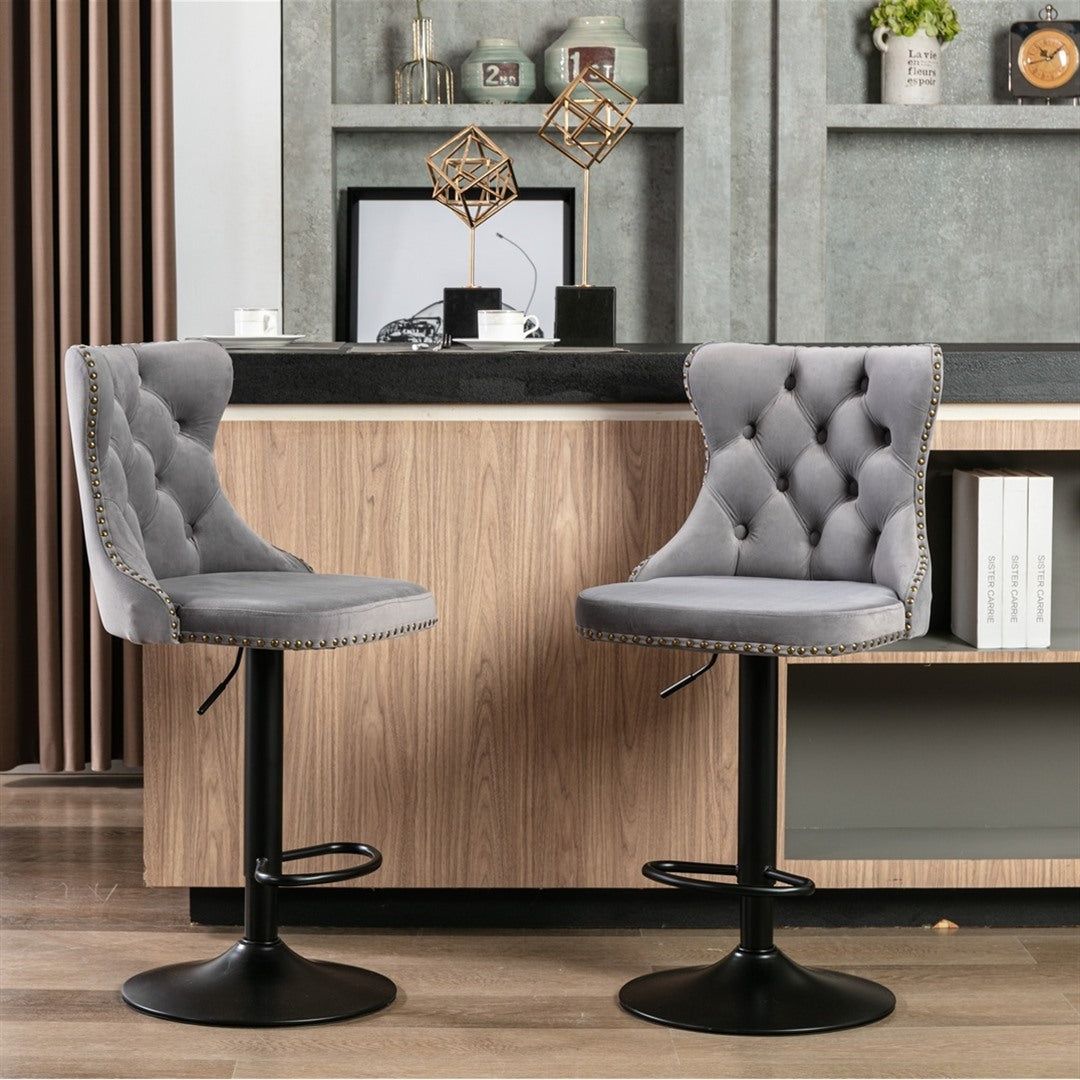 Adjustable Height Swivel Bar Stools with Footrest - Velvet Upholstered & Nailhead Trim - Perfect for Kitchen Islands, Home Bars & Dining Counter Seating