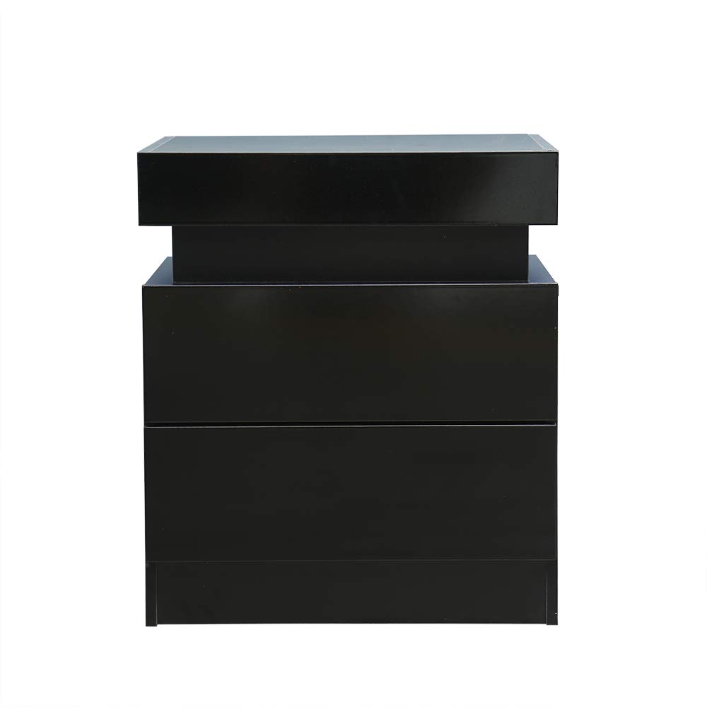 Modern High Gloss LED Nightstand with Multi-Color Backlight - 2 Drawer Storage Shelf Bedside End Table Cabinet for Bedroom & Living Room Decor (Black) | Perfect for Small Spaces, Apartment Living & Contemporary Home Design
