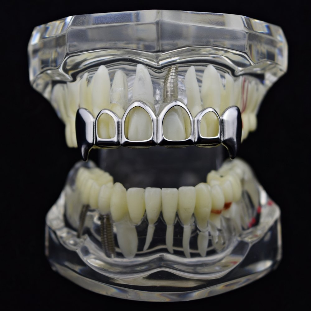 Vampire Fang Grillz - 4 Open Face Silver Tone Upper Teeth Grills for Hip Hop & Halloween Costume - Perfect for Parties, Cosplay, and Music Videos