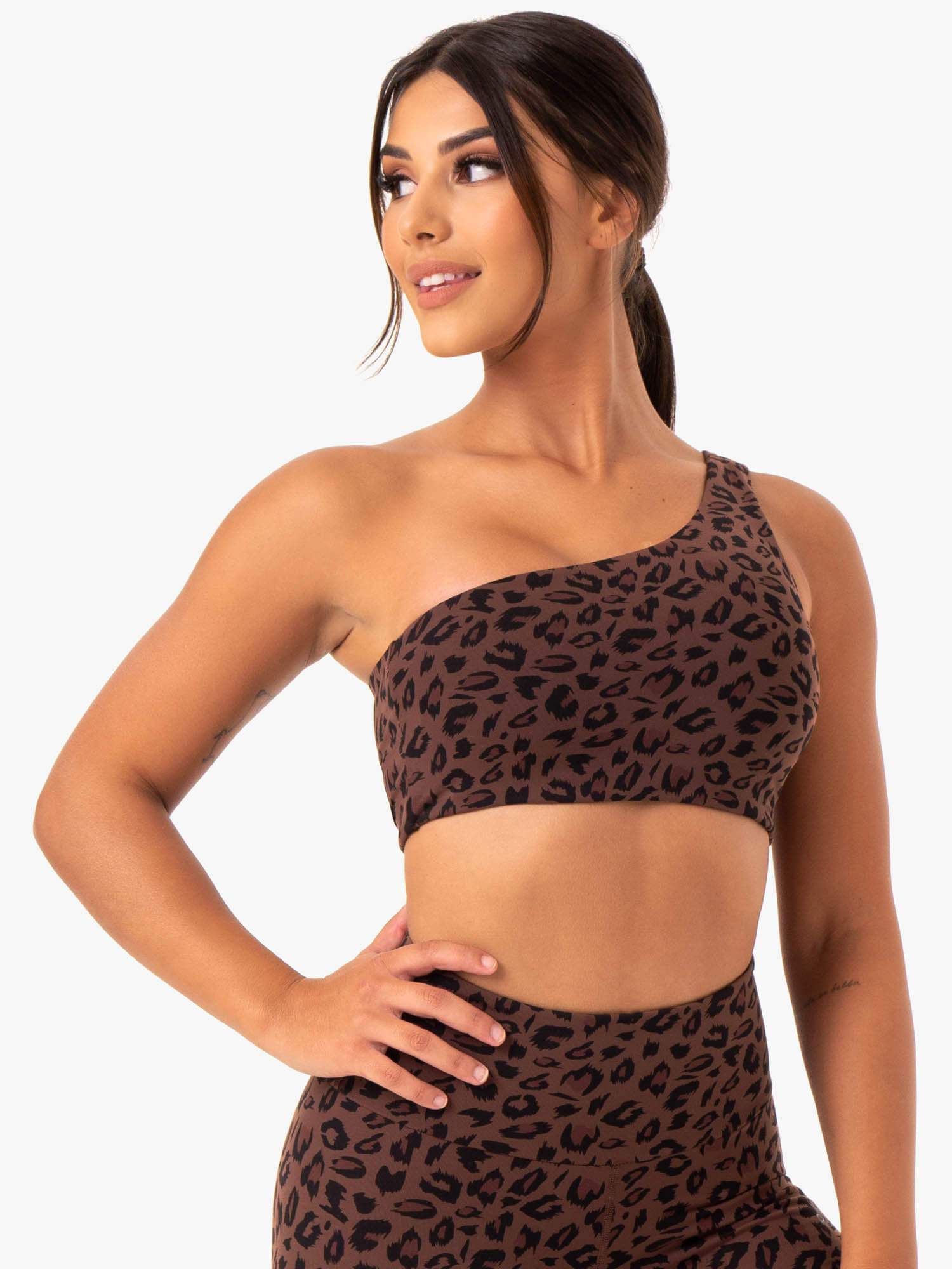 Adapt One Shoulder Sports Bra - Chocolate Leopard Print - High Support Workout Top for Running, Yoga & Gym - Breathable & Comfortable Activewear