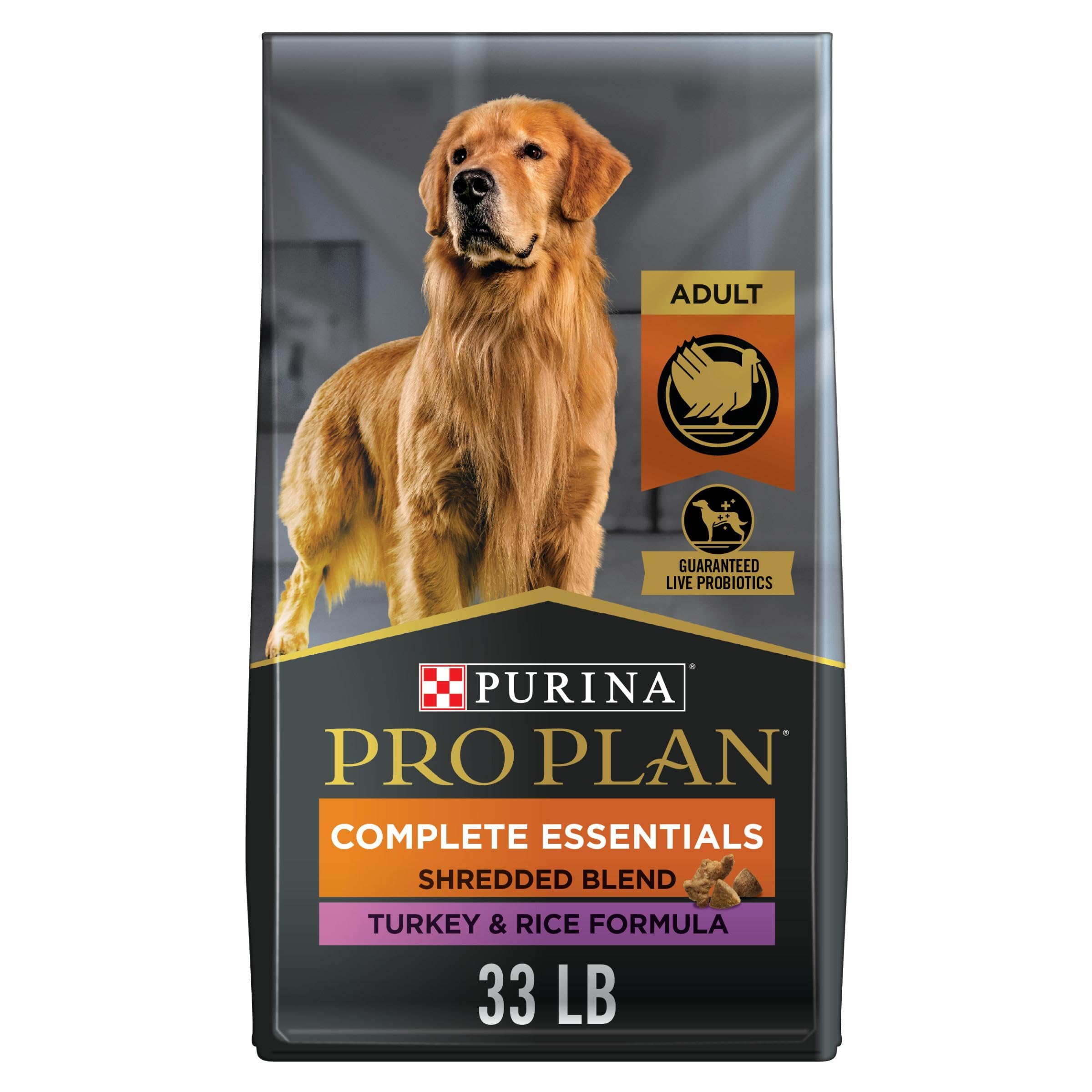 Purina Pro Plan Complete Essentials Shredded Blend Turkey & Rice Dry Dog Food with Probiotics - 33 lb Bag for Digestive Health & Immune Support | Perfect for Adult Dogs Daily Nutrition