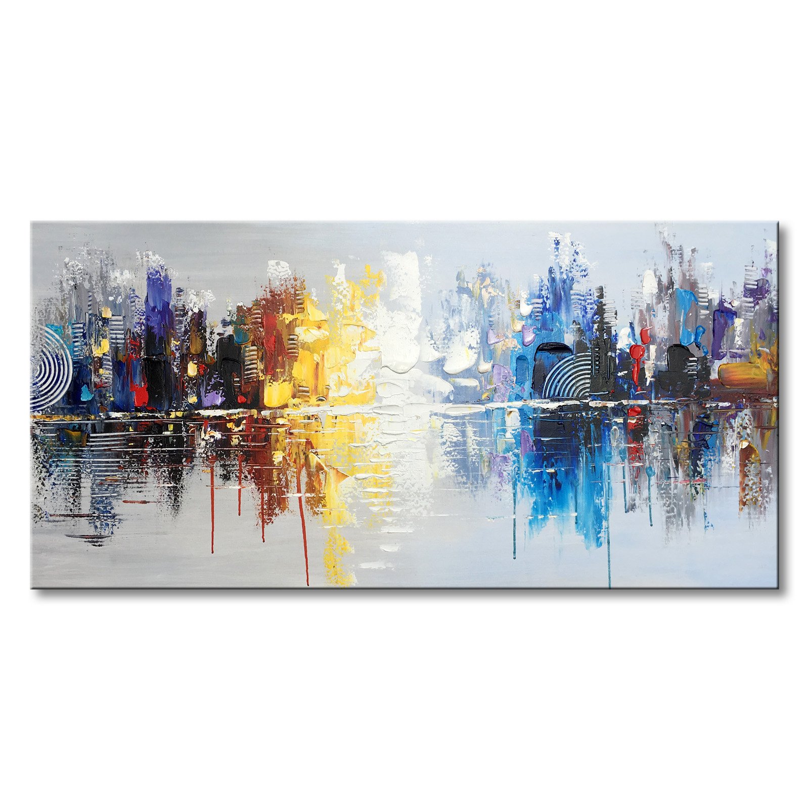 Hand Painted Modern Cityscape Oil Painting on Canvas - Abstract Reflection Wall Art Decor for Living Room - 48x24 Inch Large Contemporary Home Decor