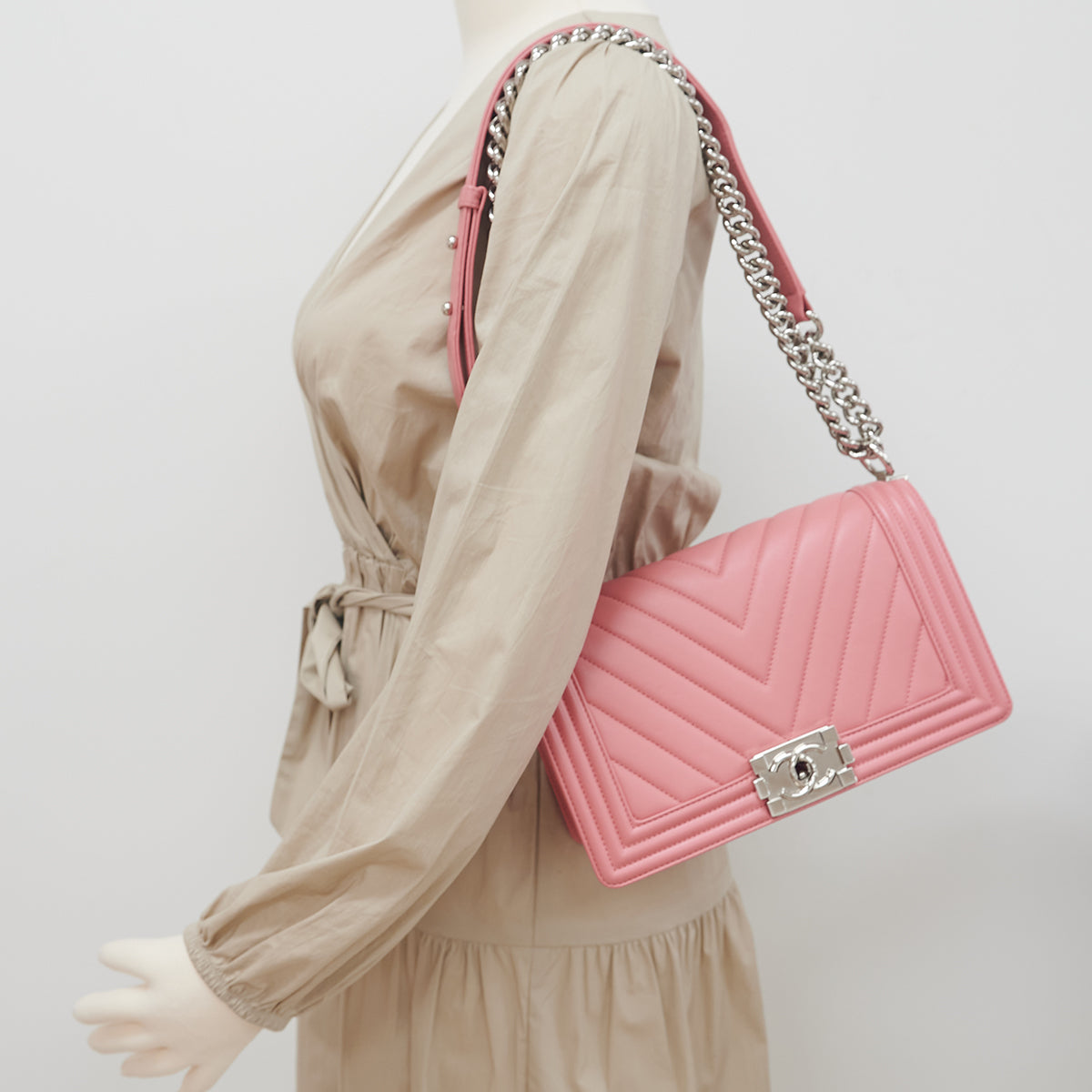 Chanel Chevron Quilted Boy Bag Old Medium Size Lambskin Leather Pink Crossbody Purse - Perfect for Date Night & Evening Events