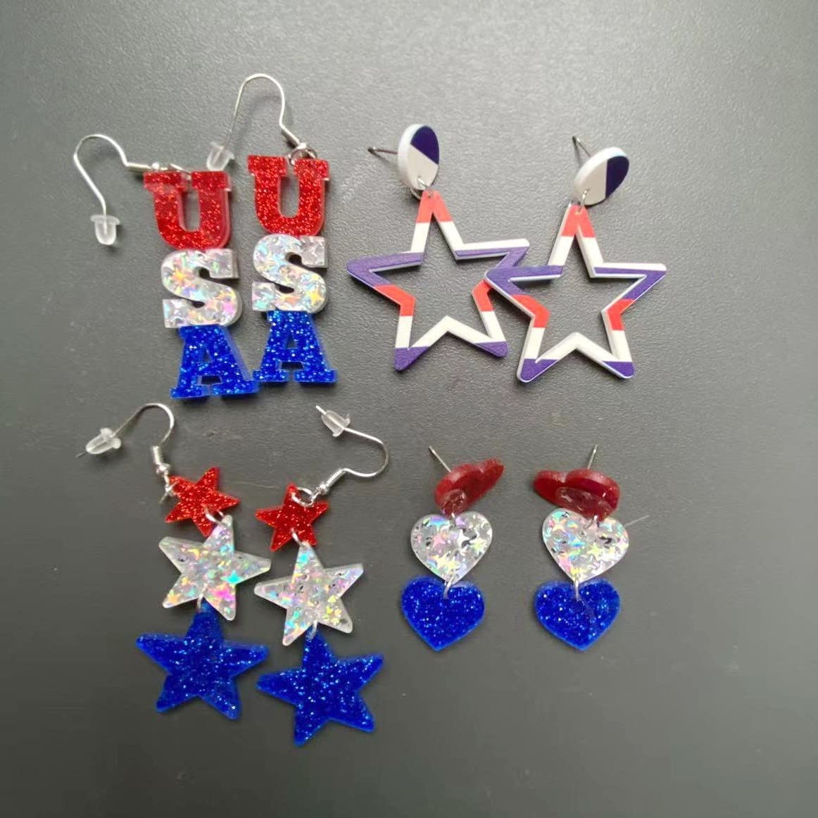 Patriotic American Flag Earrings for Women - Red White Blue Acrylic USA Heart Star Dangle Drop Jewelry - Perfect for 4th of July, Independence Day & National Pride Events
