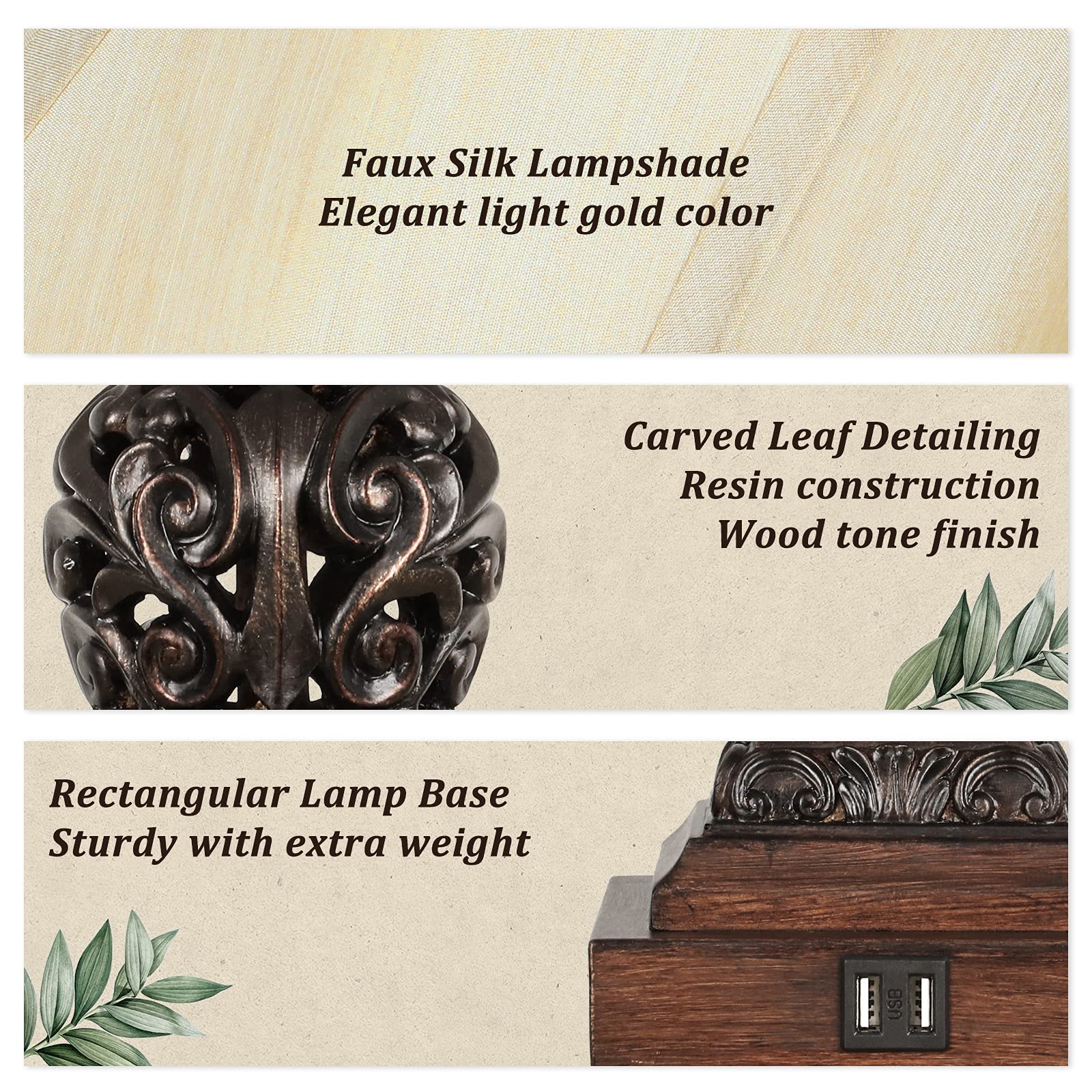 2-Pack Touch Control 3-Way Dimmable Table Lamps with USB Charging Ports - Traditional Bedside Lamps with Bell-Shaped Faux Silk Shade & Brown Base for Bedroom, Nightstand, Living Room (LED Bulbs Included) - Perfect for Reading, Relaxing & Charging Devices