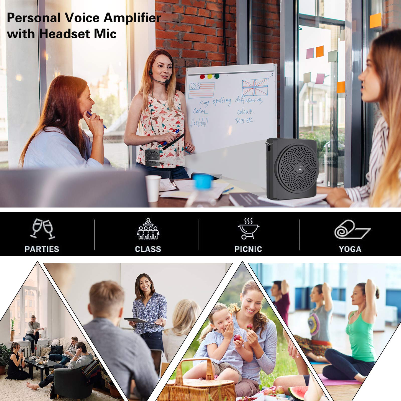 16W Personal Voice Amplifier with Headset Mic - Portable Mini Sound Speaker for Teachers, Tour Guides, Coaches - Ideal for Meetings, Indoor/Outdoor Events & Public Speaking