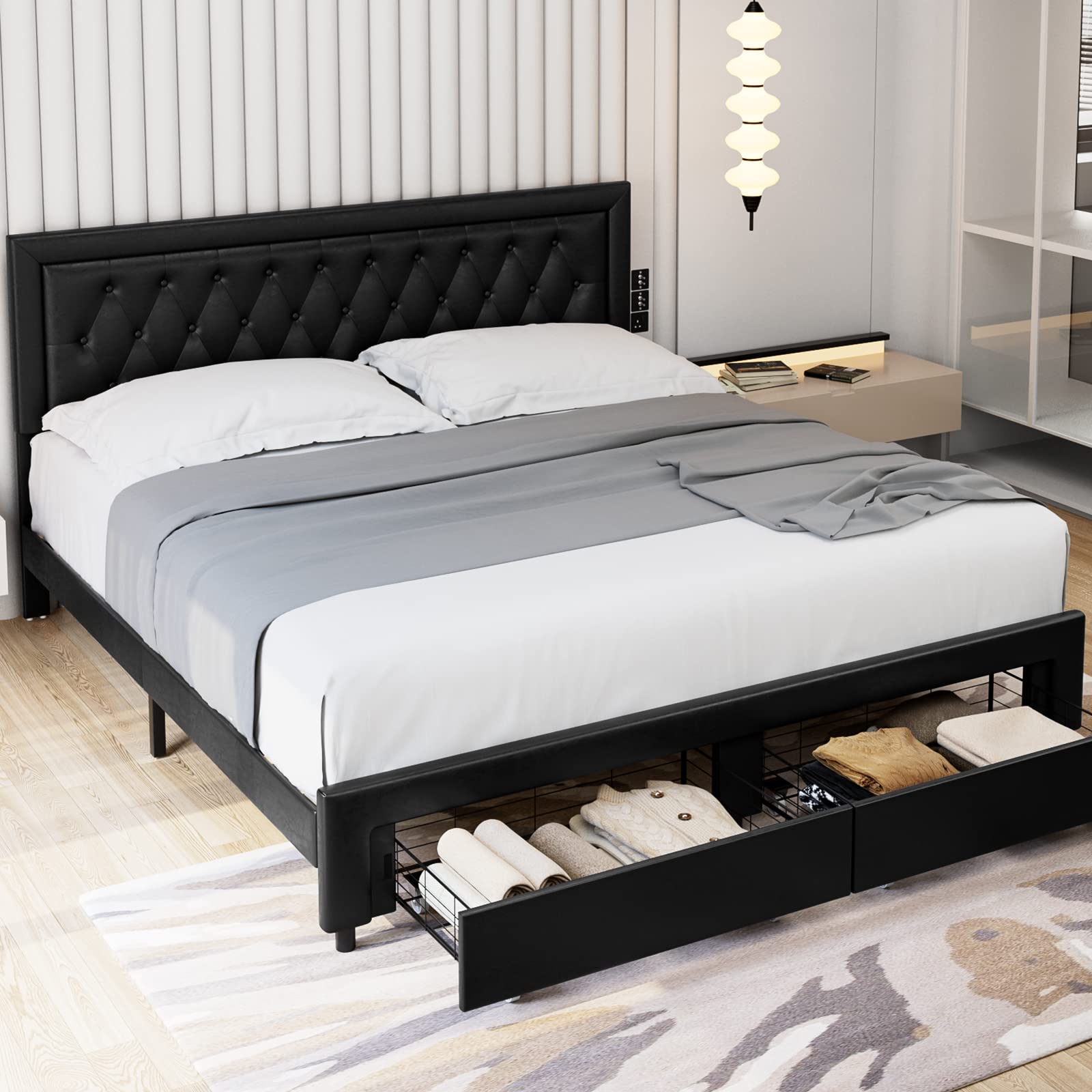 Full Size Bed Frame with 2 Storage Drawers - Leather Upholstered Platform Bed with Button Tufted Headboard, Wooden Slats & Adjustable Foundation - No Box Spring Needed - Black - Perfect for Small Bedrooms & Guest Rooms with Storage Needs