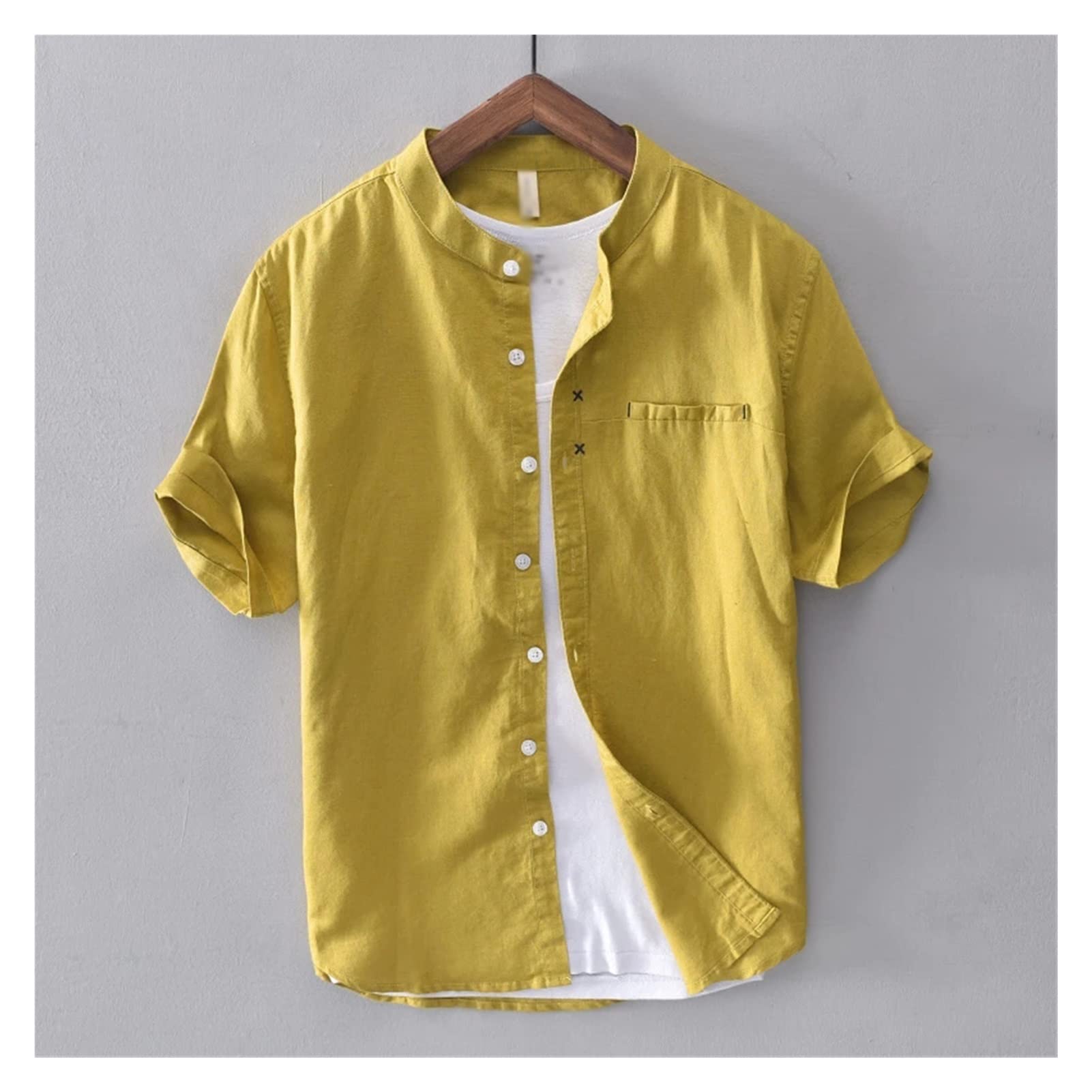 CCBUY Men's Cotton Linen Casual Shirt - Classic Short Sleeve Stand Collar Button Up Shirt with Pocket | Breathable Summer Top for Work, Travel & Outdoor Activities | Size L (Color A)