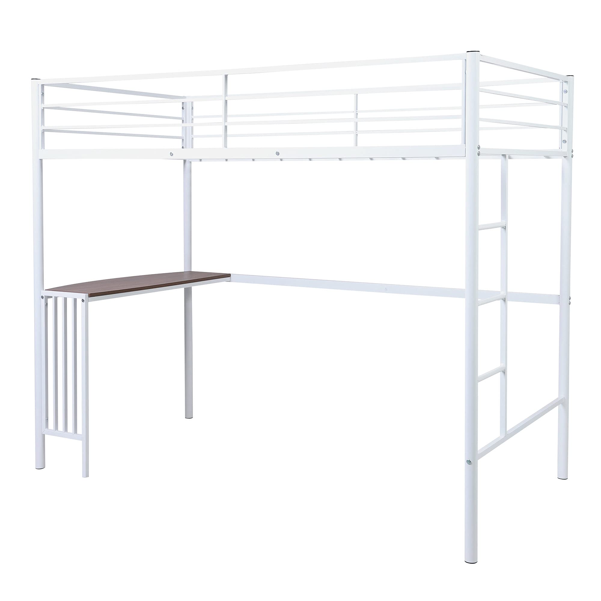**Metal Loft Bed Frame with Ladder, Guardrails, Desk & Bookcase - Twin Size Space-Saving Bunk Bed for Teens, Kids, Boys & Girls (White) - Perfect for Small Bedrooms, Dorms & Studio Apartments**