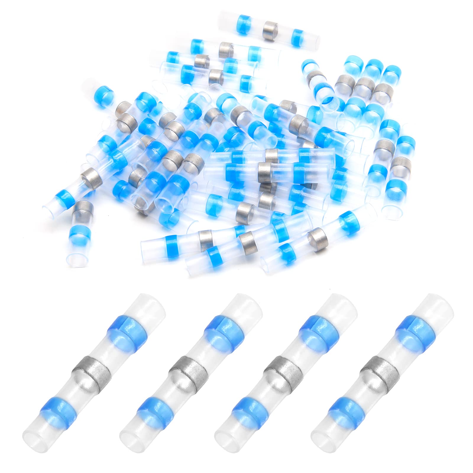 100Pcs 16-14 AWG Waterproof Heat Shrink Solder Sleeve Butt Connectors - Self-Soldering Electrical Wire Terminals (Blue, 16-14 Gauge) for Marine, Automotive & Outdoor Wiring Applications