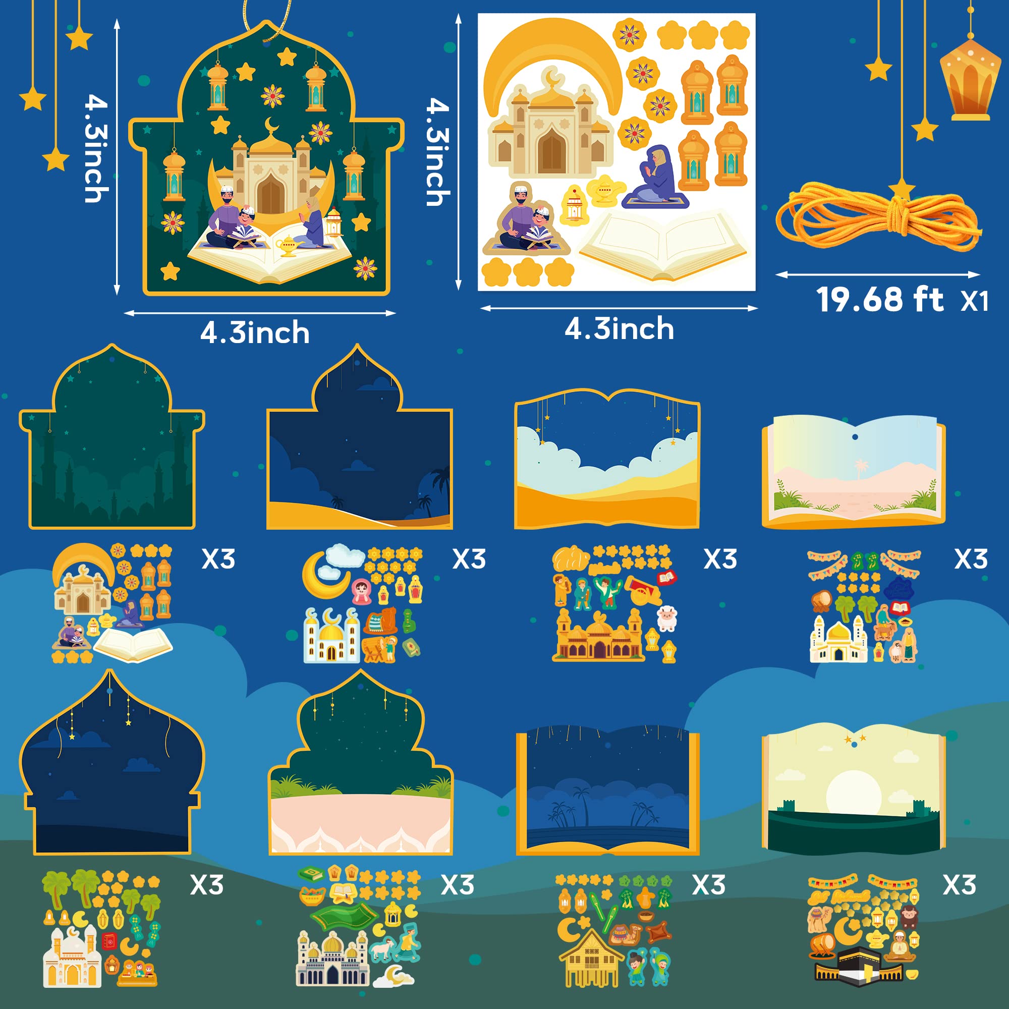 COcnny 49pcs Eid Mubarak Craft Kit - DIY Mosque Scene Stickers for Kids, Ramadan Kareem Decal, Islamic Art Labels & Hanging Ornaments - Perfect for Al-fitr Classroom Party Favors, Home Decor & Gift Supplies