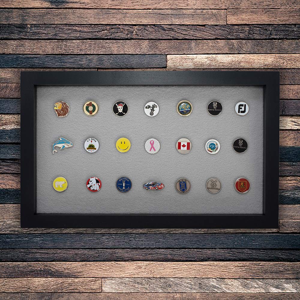 Premium Golf Ball Marker Display Case - Holds 40 Pegged/Flat Markers - Wall Mounted Wooden Organizer (15.5