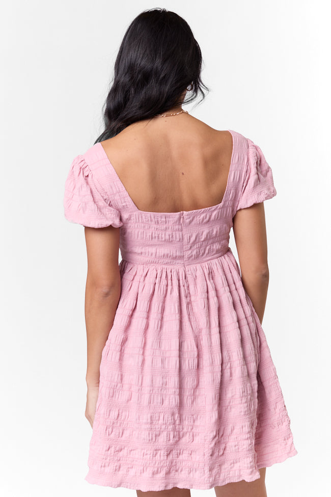 Breezing By Pink Textured Square Neck Mini Dress - Flirty Summer Party Outfit for Women | Perfect for Dates, Cocktails & Beach Vacations