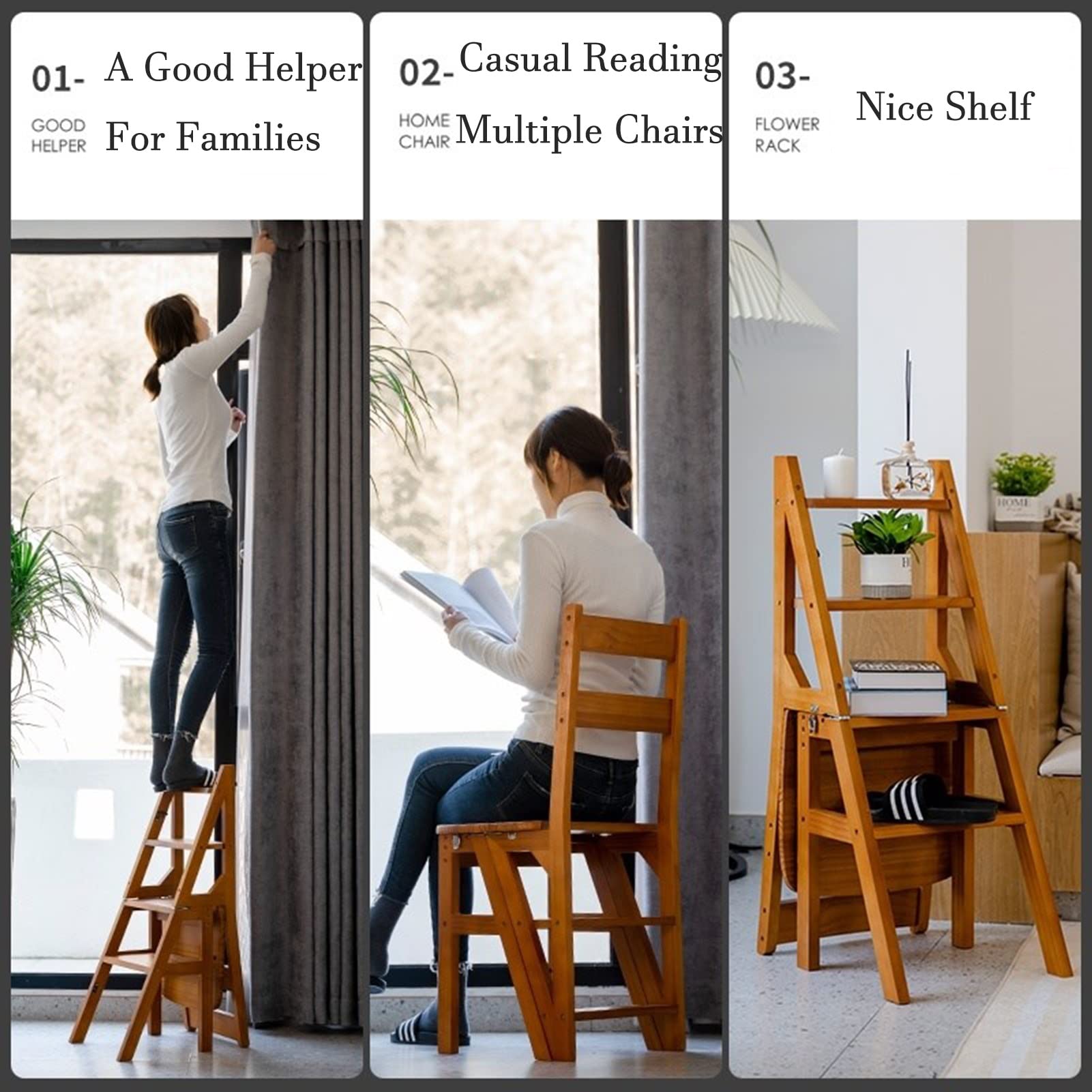 XHALERY 4-Step Folding Wooden Step Stool - Portable Kitchen Ladder Stool, Footrest, Home Step Chair, Scissor Ladder Bench for Easy Reach & Storage - Perfect for Kitchen, Bathroom, Garage & Home Organization
