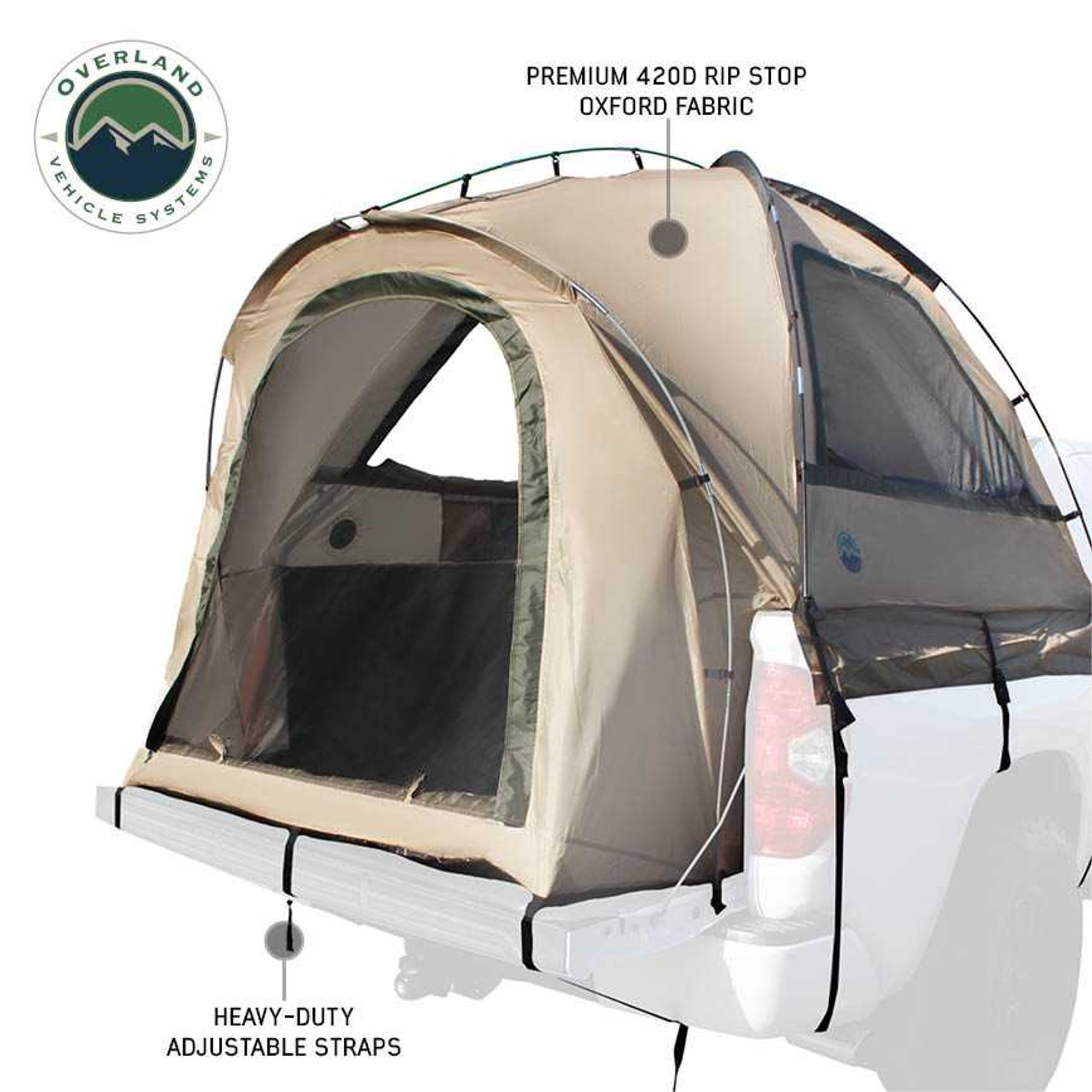 Overland Vehicle Systems LD TACT Truck Bed Tent - Waterproof Camping Tent for Pickup Trucks with Tan Body & Green Rainfly - Perfect for Outdoor Adventures, Camping Trips, and Off-Road Excursions