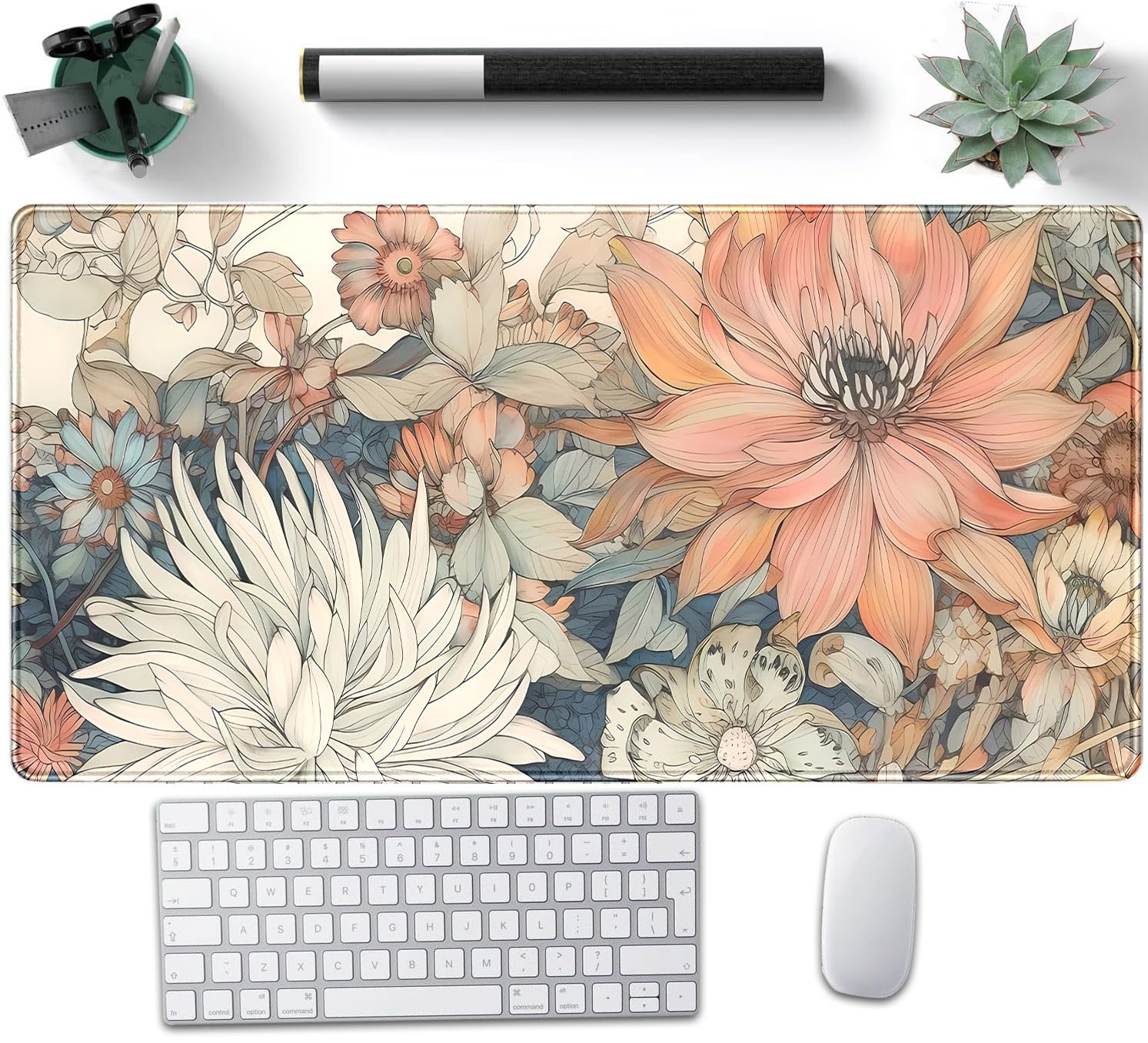 Japanese Floral Desk Mat - Large XXL Boho Aesthetic Flower Mouse Pad (31.5