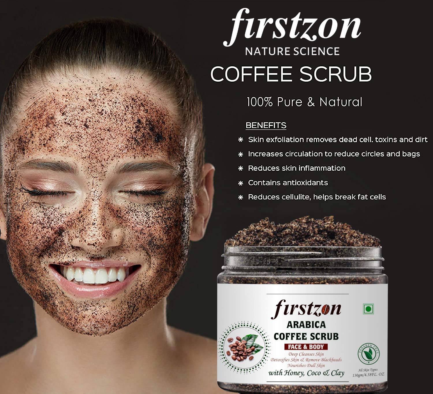FIRSTZON Arabica Coffee Scrub for Face & Body with Honey & Coconut Oil - Exfoliating & Moisturizing Skincare for Smooth, Glowing Skin - Perfect for Spa Day & At-Home Self-Care Routine