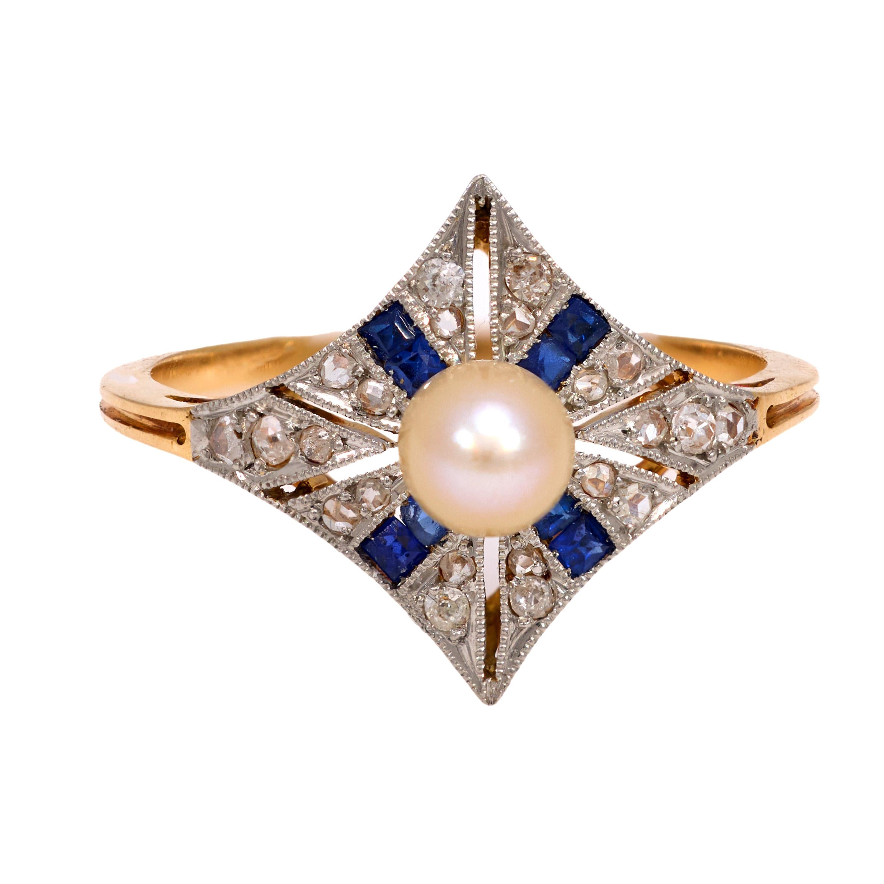 Belle Époque French Pearl Sapphire Diamond 18K Yellow Gold Ring - Vintage Elegance for Weddings & Special Occasions
