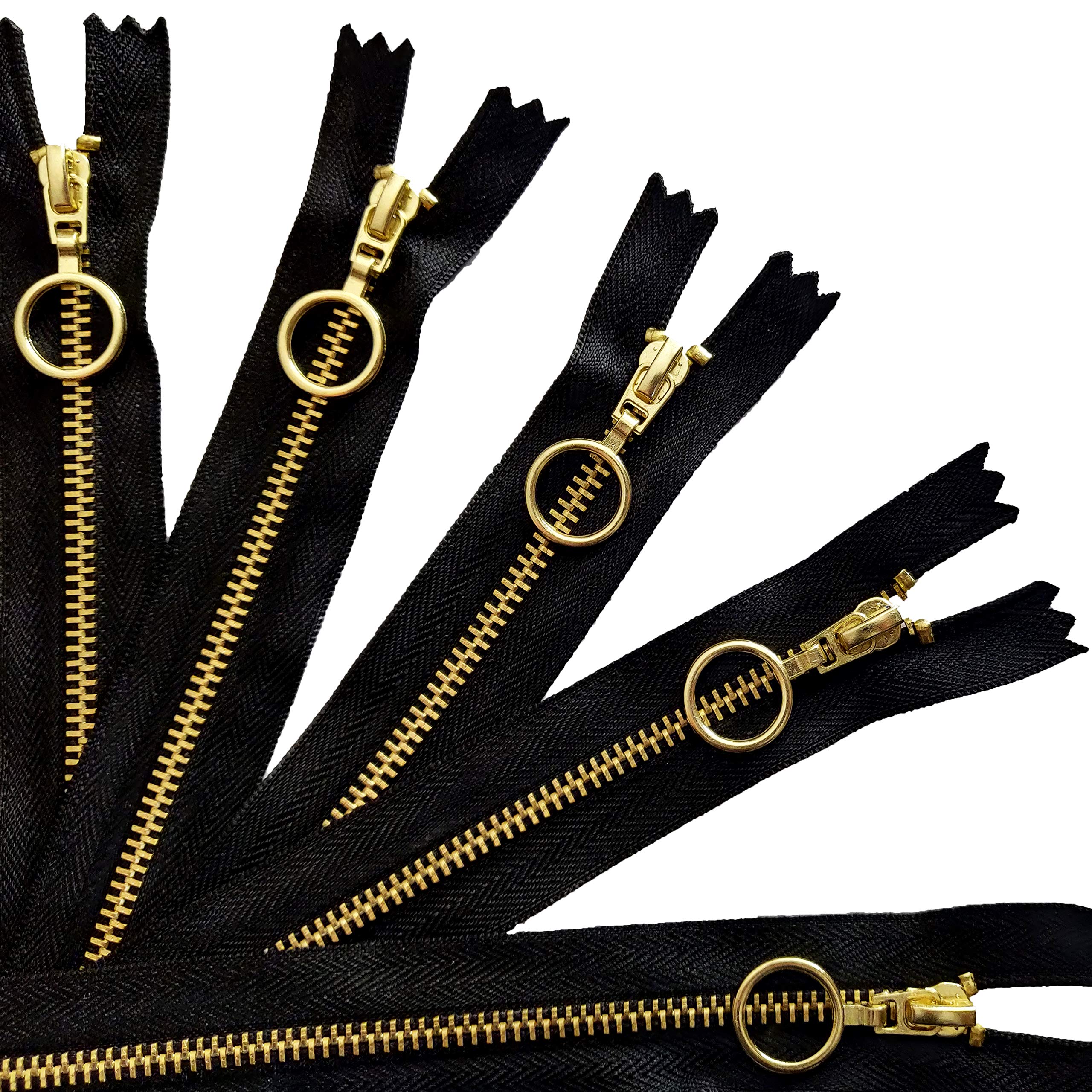 KGS #5 Metal Zippers 12 Inch Gold Ring Pull - 5 Pack for Jeans, Bags & Sewing Crafts | Durable Replacement Zippers for DIY Projects, Fashion Design & Home Tailoring