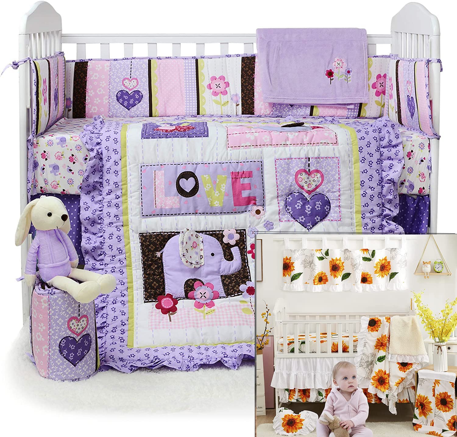Brandream 10-Piece Baby Crib Bedding Set for Girls - Purple Elephant Floral & Farmhouse Sunflower Boho Ruffle Design | Soft Nursery Bedding for Newborns & Toddlers | Perfect for Baby Showers, Nurseries & Gender Reveal Parties